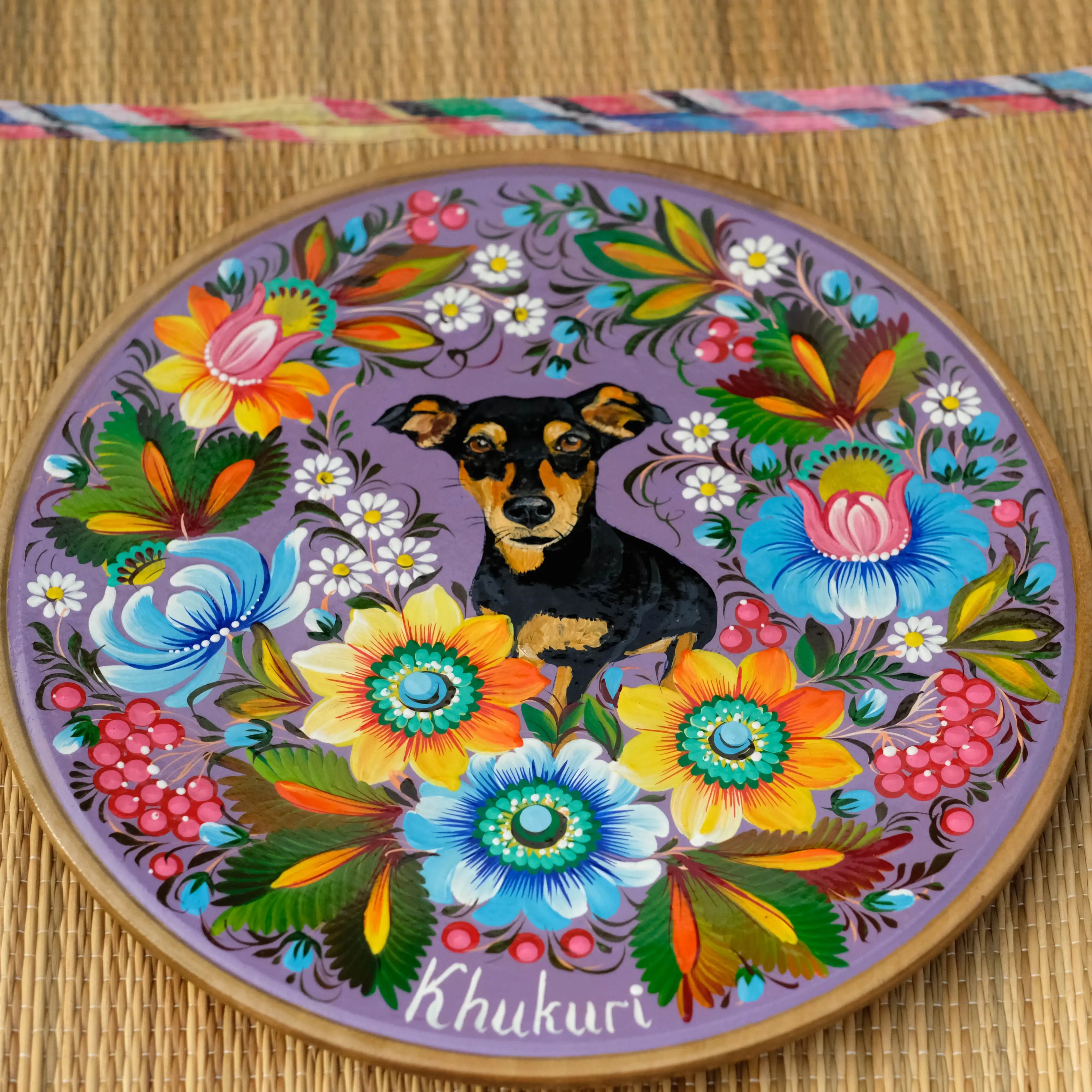 Hand-painted Custom Pet Portrait on Wooden Plate with Sunflowers