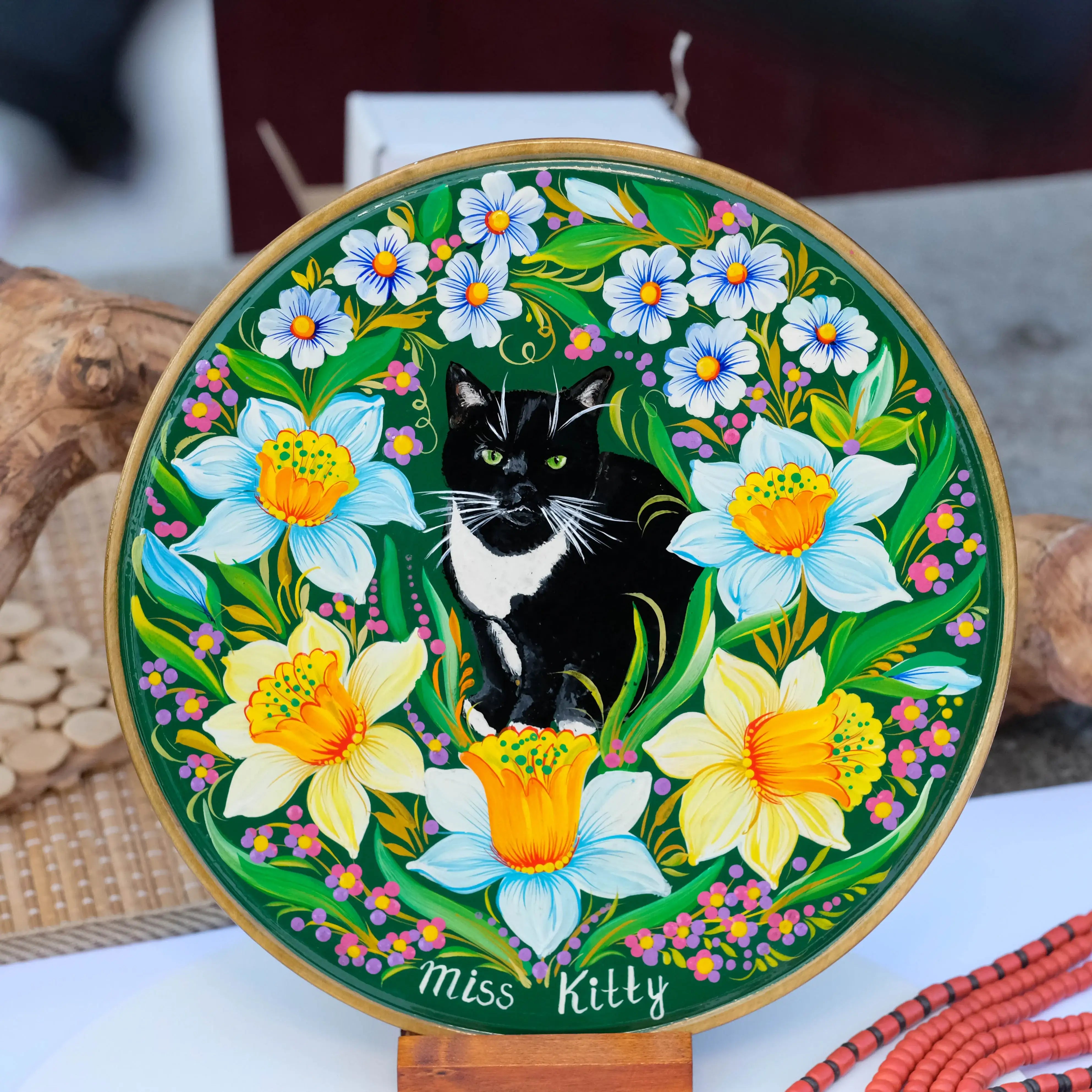 Painted Custom Pet Portrait on Wooden Plate with Daffodils