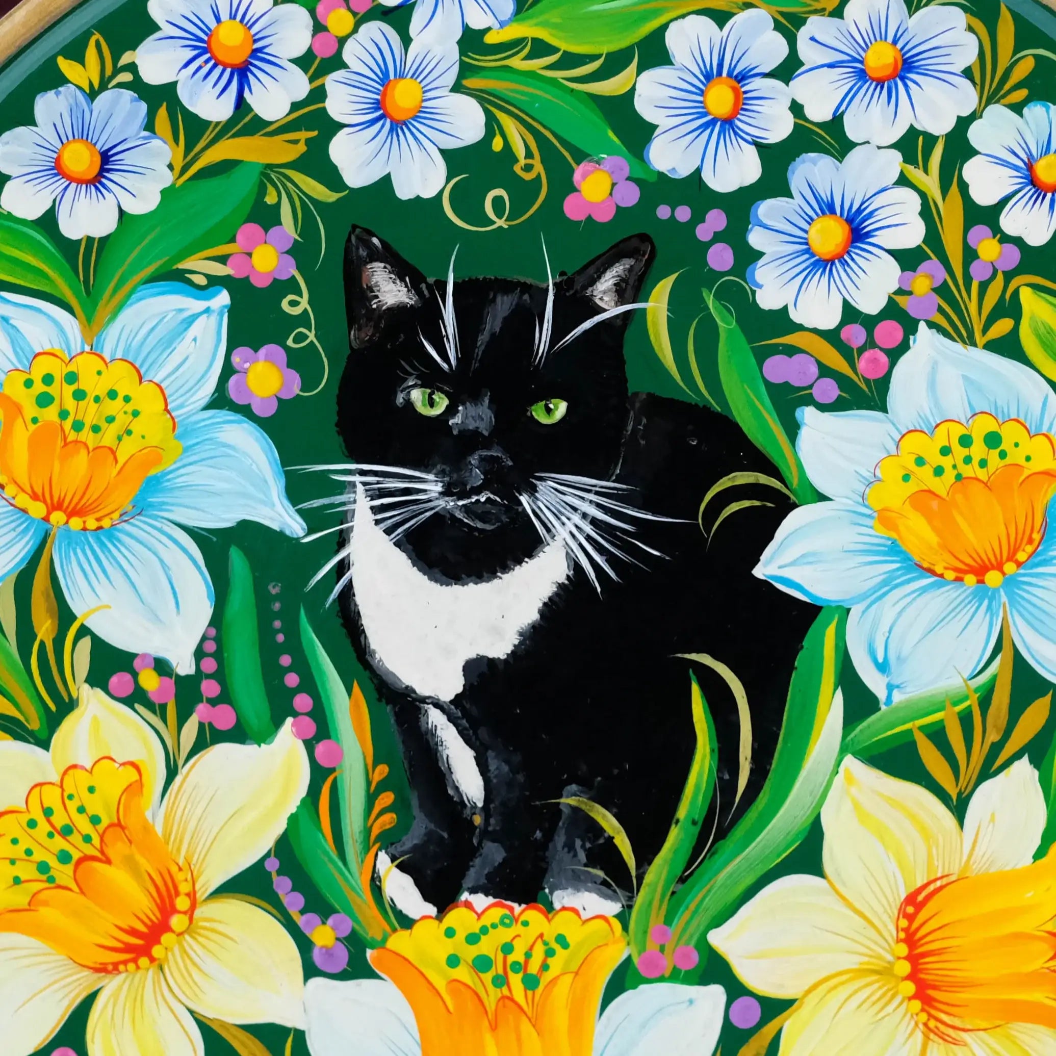 Painted Custom Pet Portrait on Wooden Plate with Daffodils