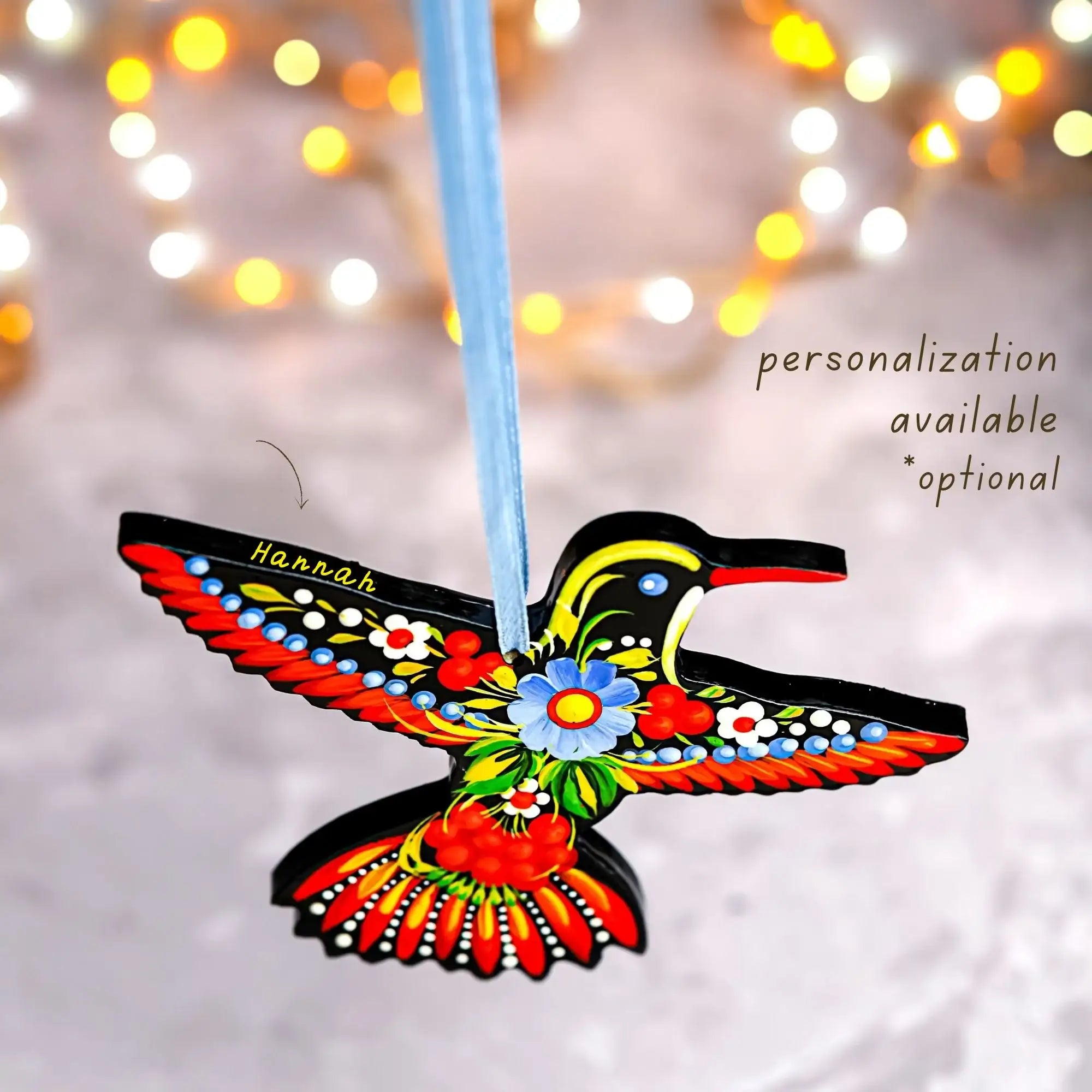 Hand-painted Wooden Hummingbird Christmas Ornament with Petrykivka Art