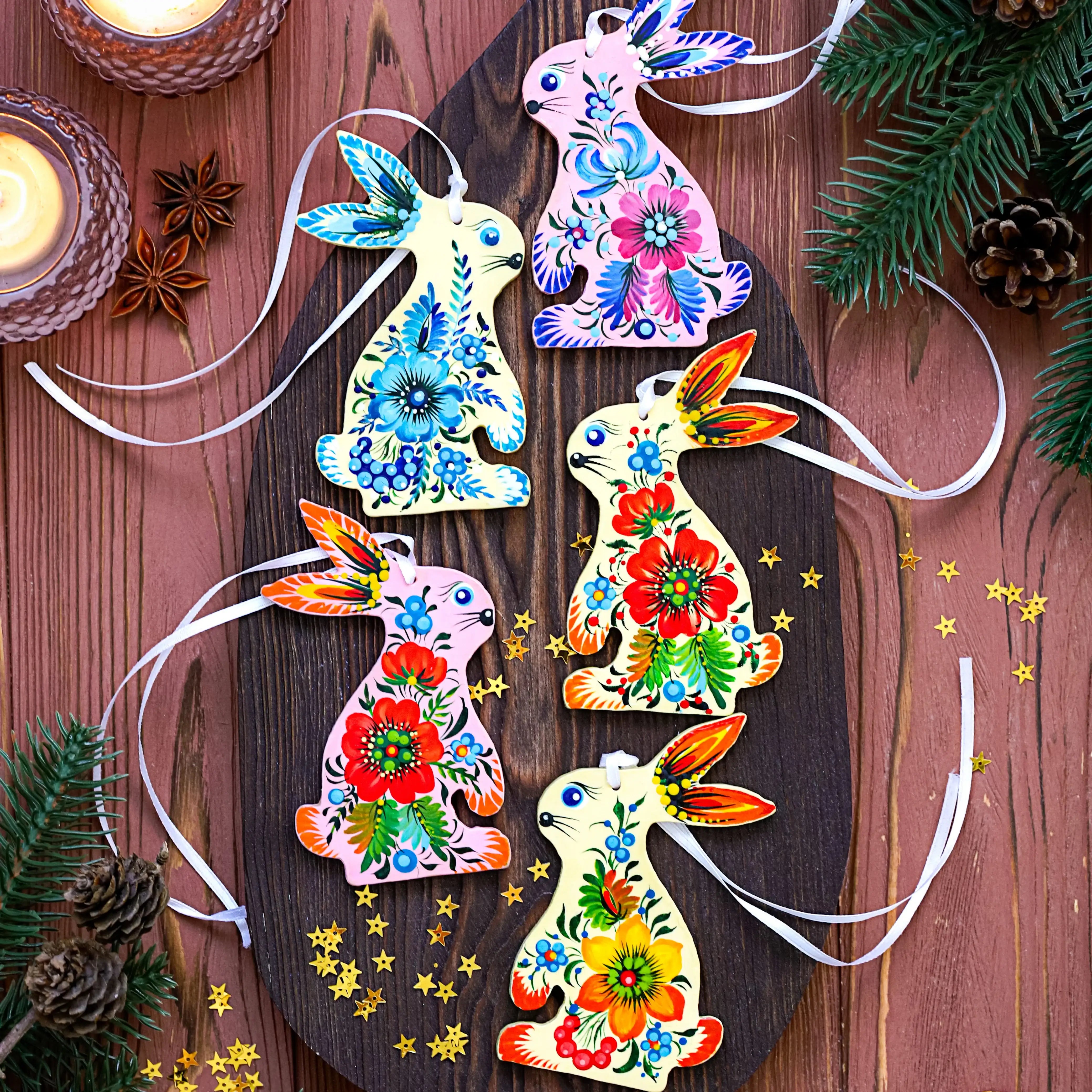 Painted Wooden Bunny Christmas Ornament