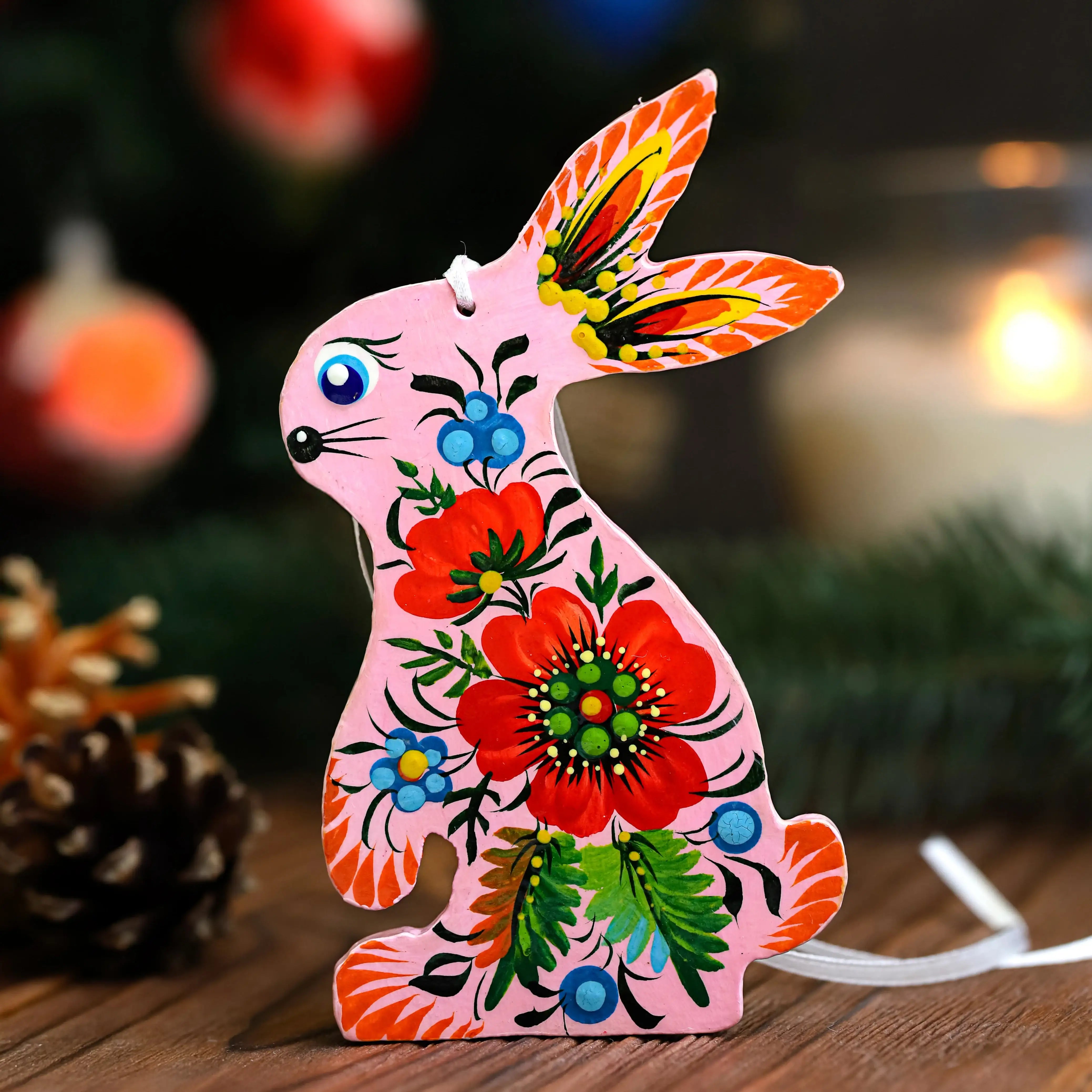 Set of 5 Painted Wooden Bunny Christmas Ornaments