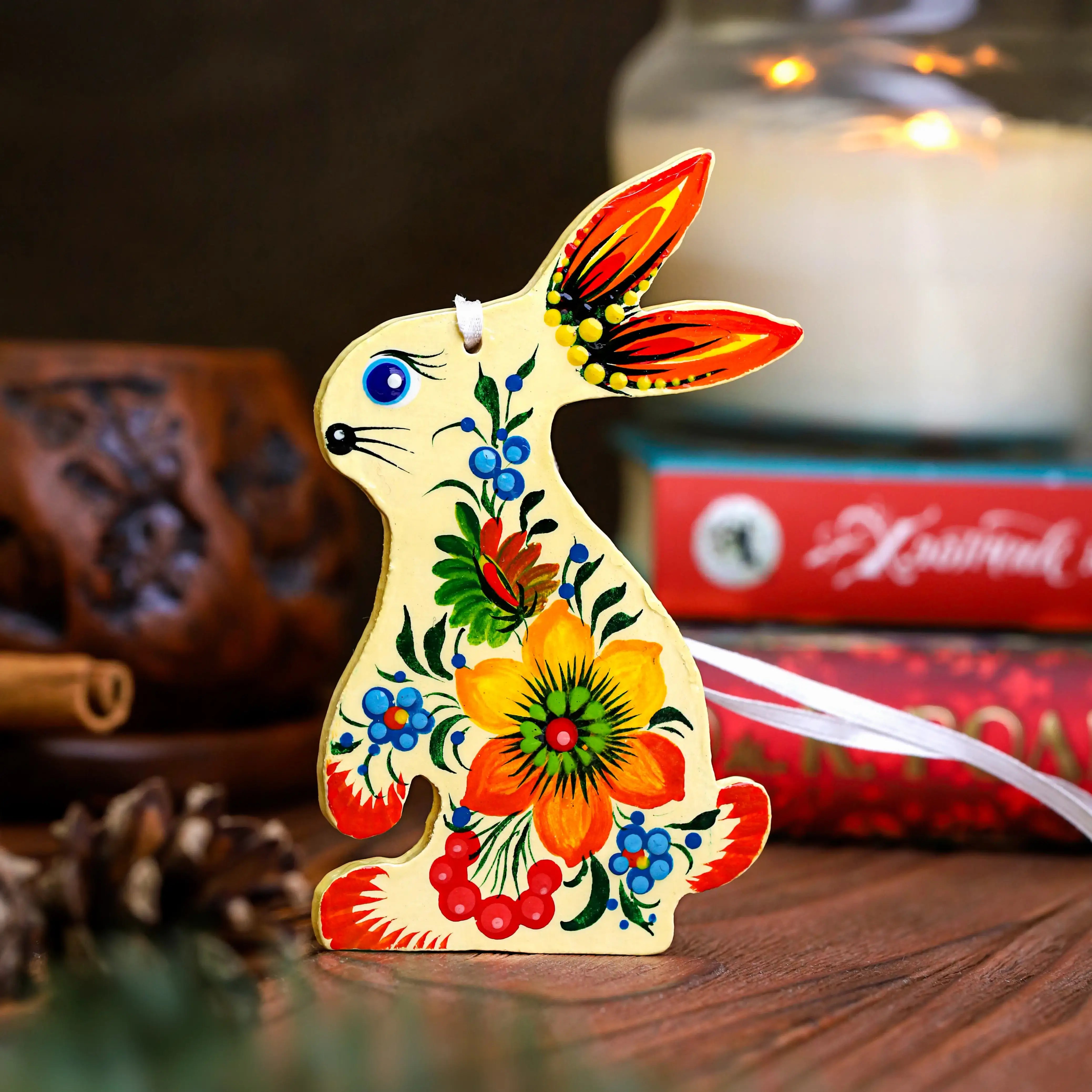 Set of 5 Painted Wooden Bunny Christmas Ornaments