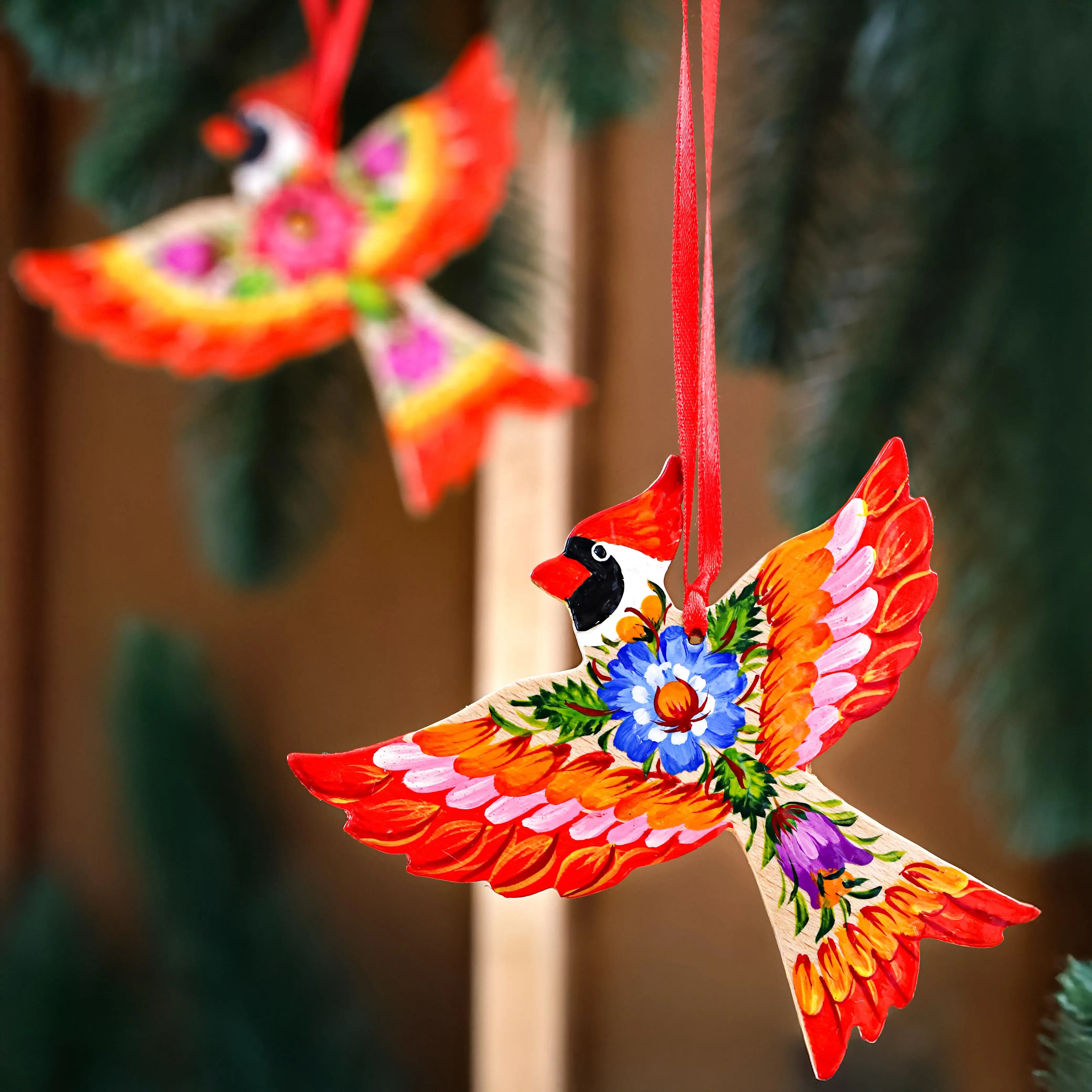 Set of 2 Painted Wooden Cardinal Christmas Ornaments