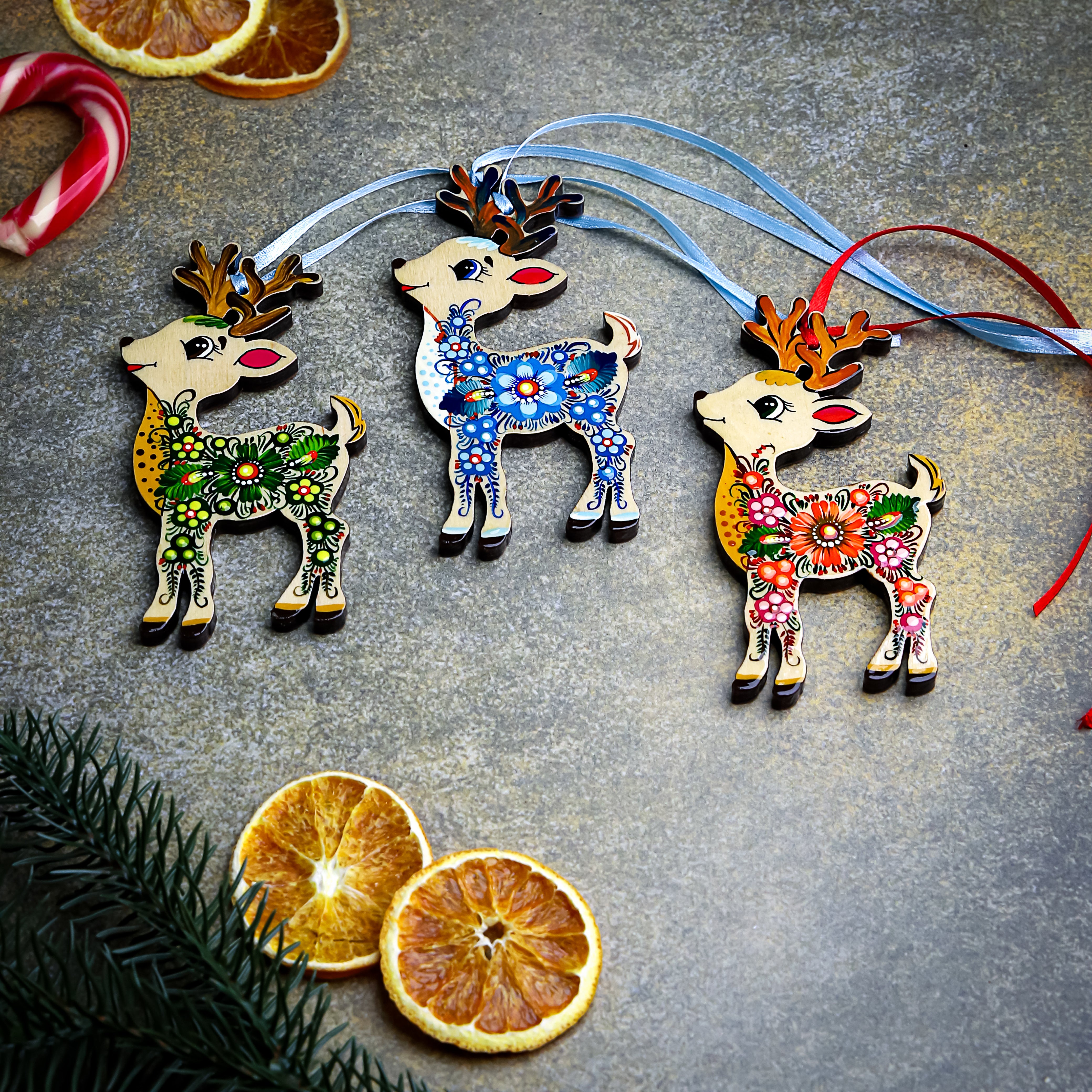 Set of 7 Hand-painted Wooden Deer Christmas Ornaments with Petrykivka Art