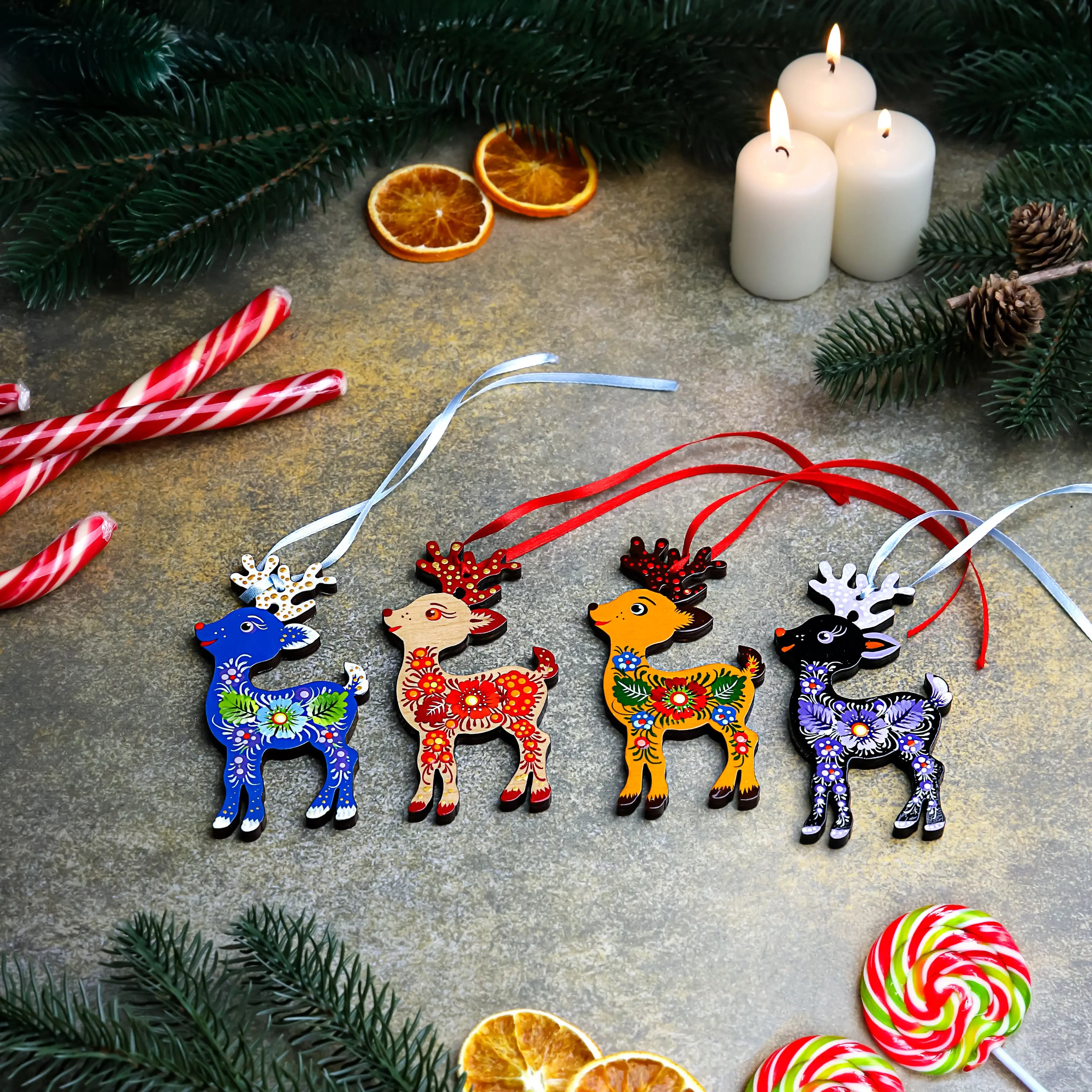 Set of 7 Hand-painted Wooden Deer Christmas Ornaments with Petrykivka Art