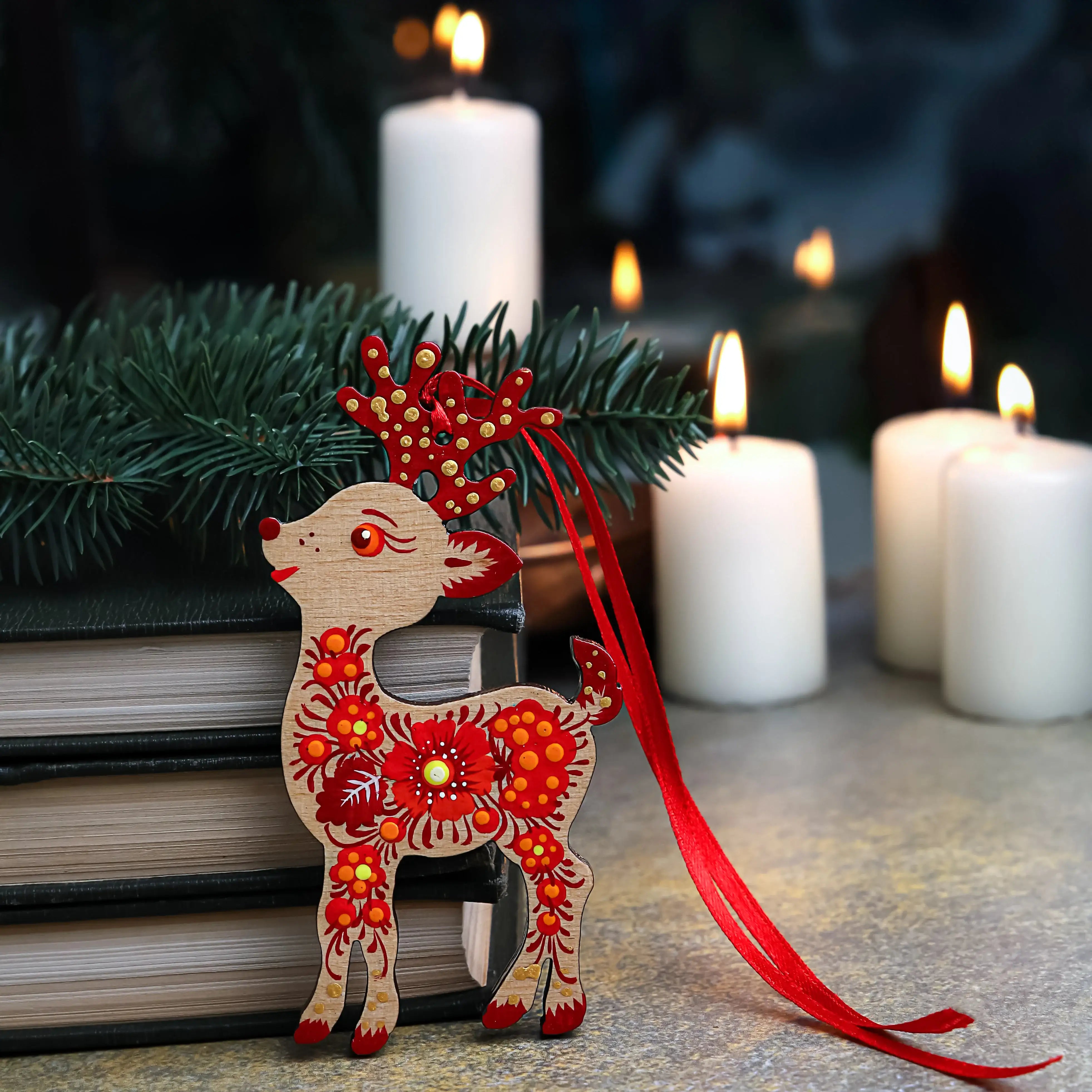 Set of 7 Hand-painted Wooden Deer Christmas Ornaments with Petrykivka Art