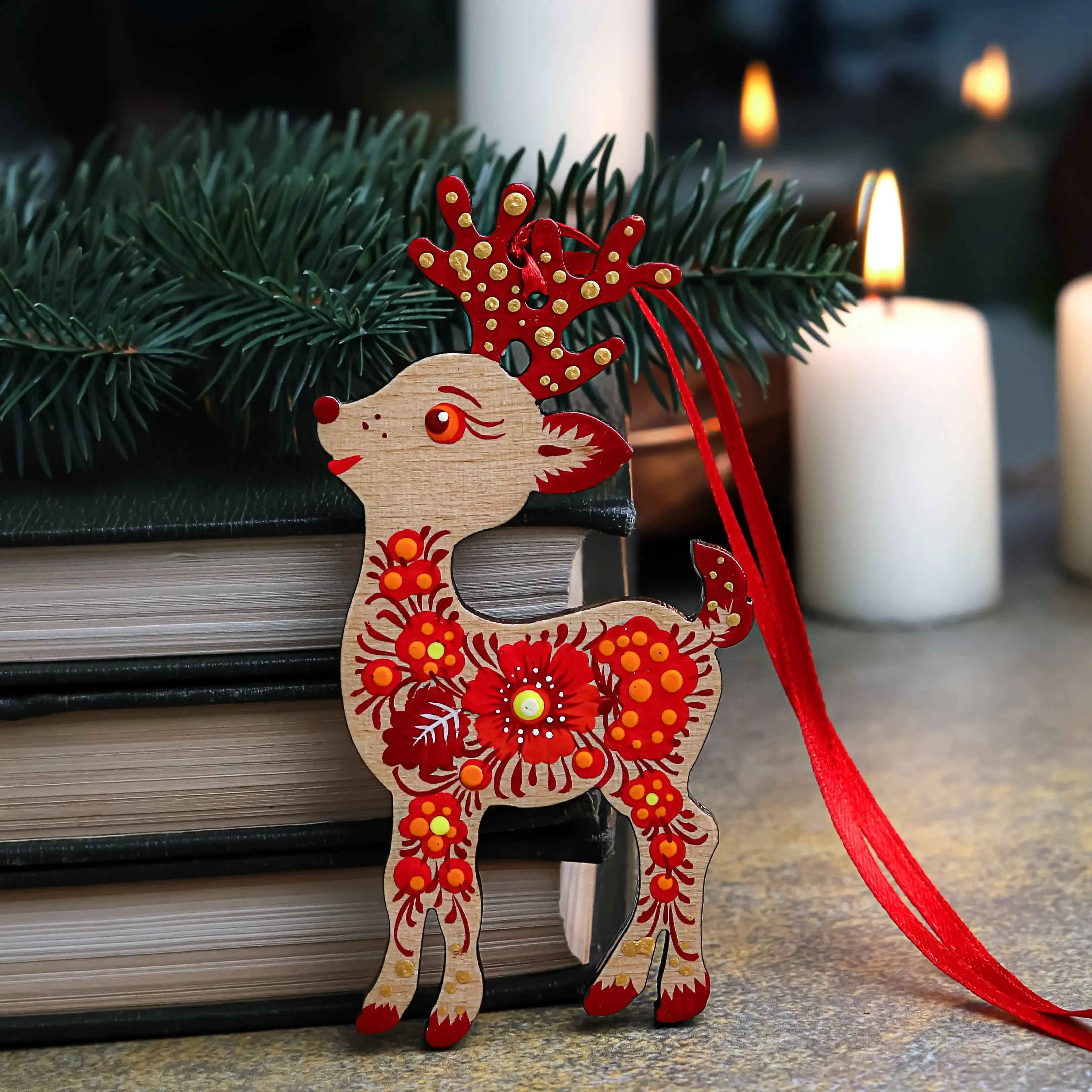 Hand-painted Wooden Deer Christmas Ornament with Petrykivka Art