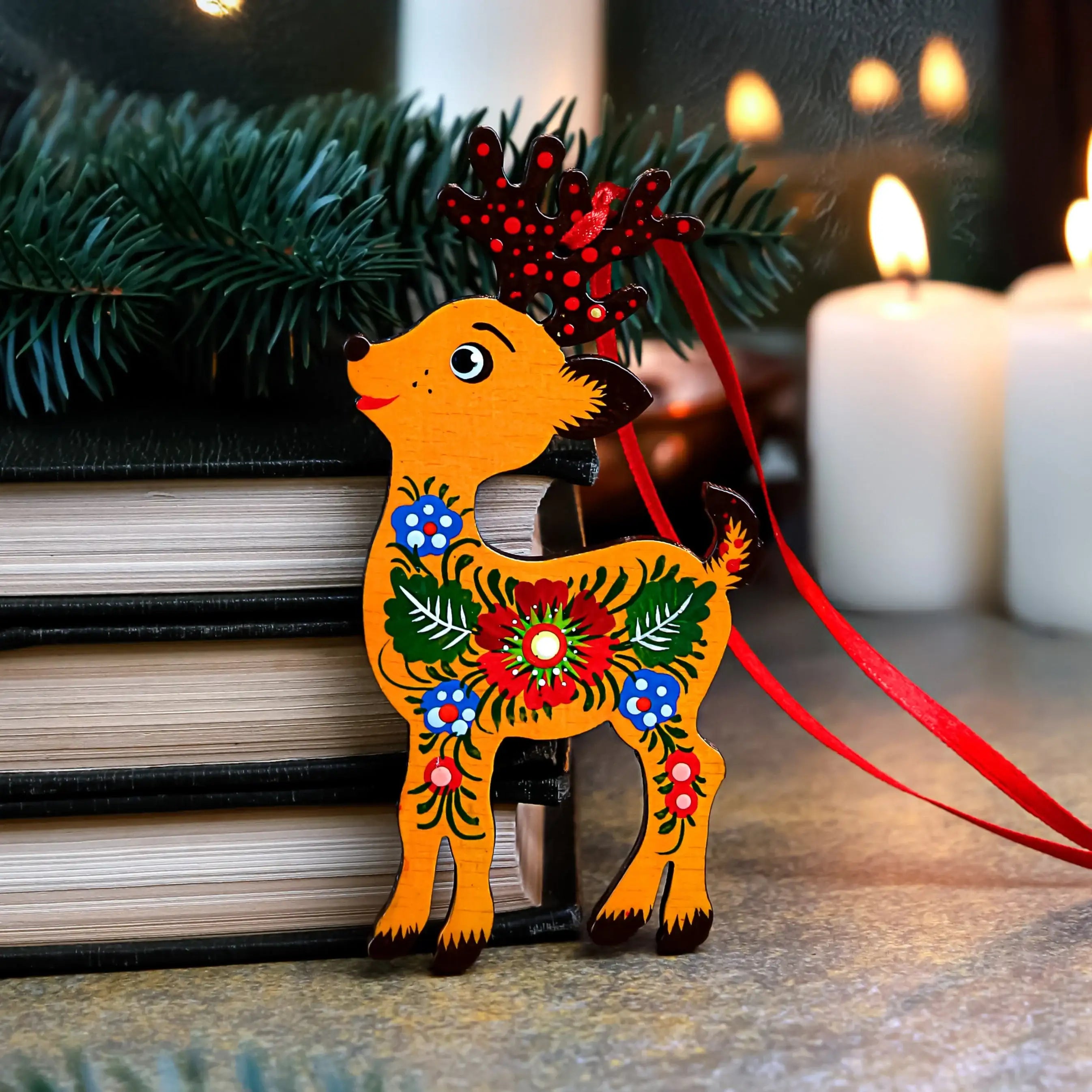 Hand-painted Wooden Deer Christmas Ornament with Petrykivka Art