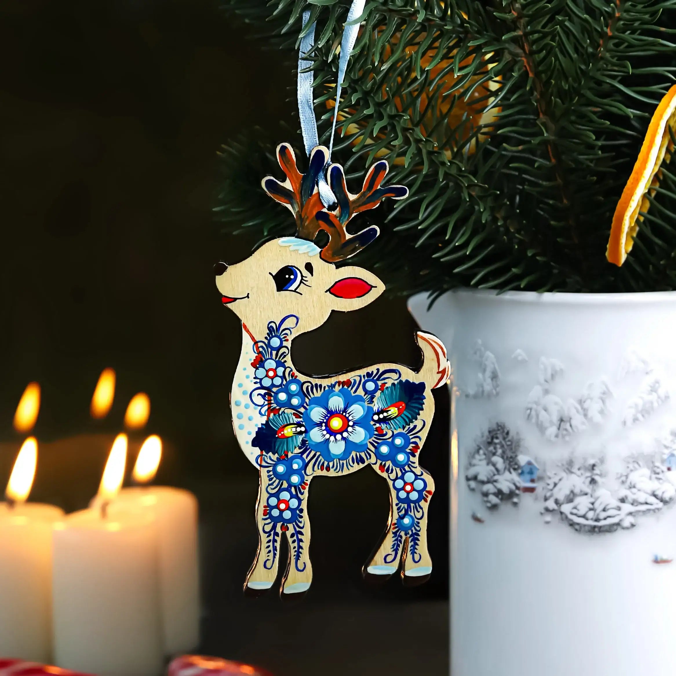 Hand-painted Wooden Deer Christmas Ornament with Petrykivka Art
