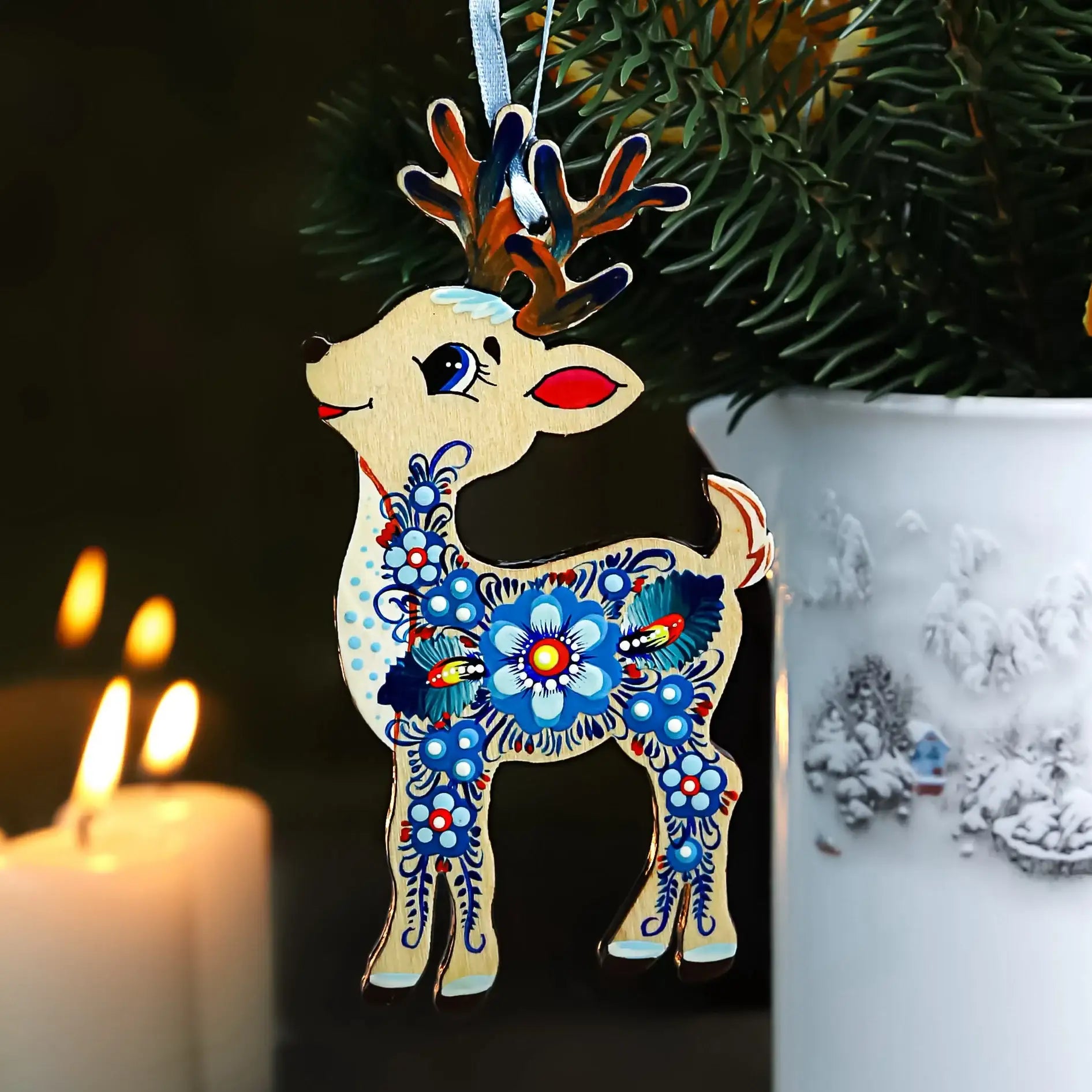 Hand-painted Wooden Deer Christmas Ornament with Petrykivka Art