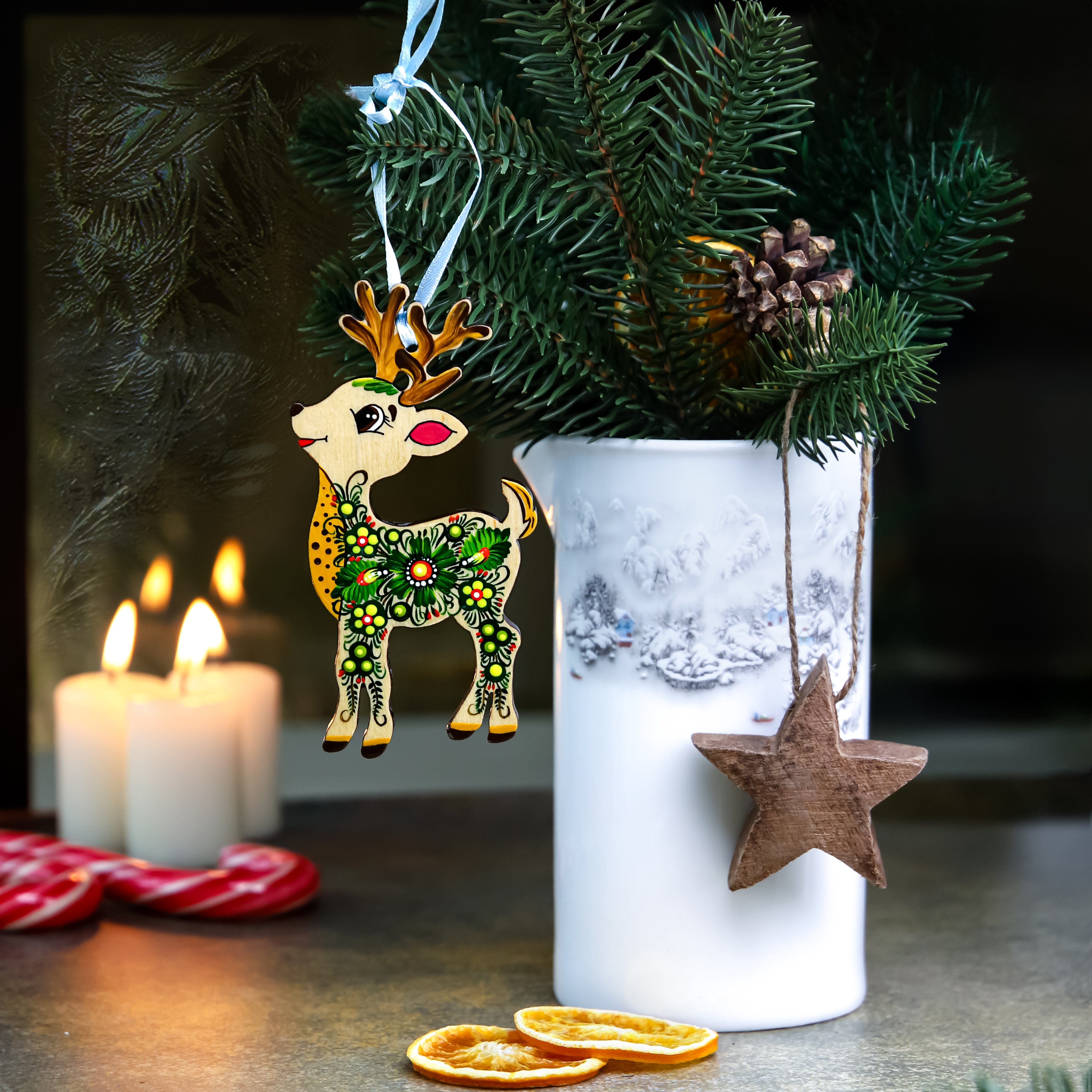 Set of 7 Hand-painted Wooden Deer Christmas Ornaments with Petrykivka Art