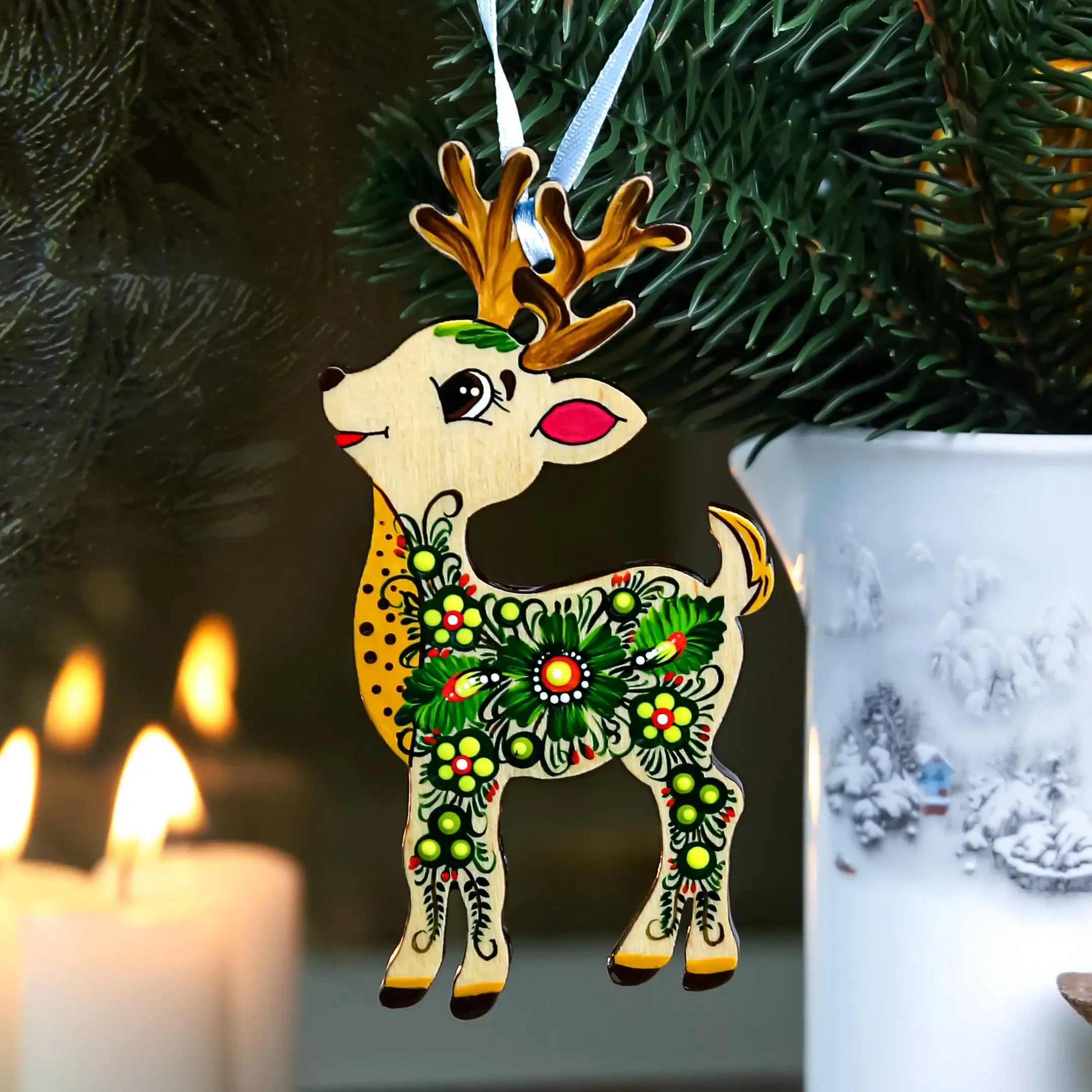 Hand-painted Wooden Deer Christmas Ornament with Petrykivka Art