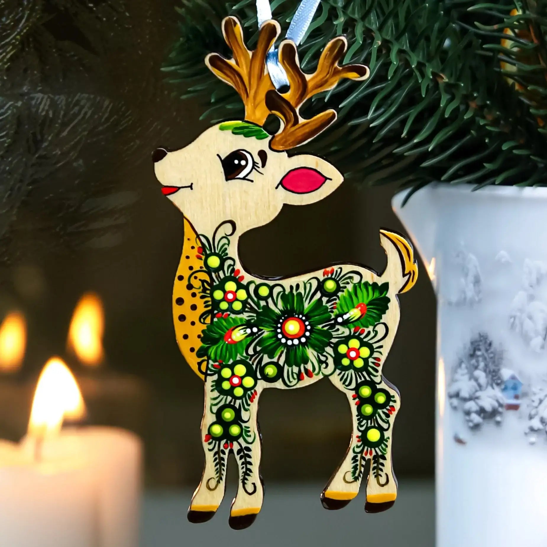 Hand-painted Wooden Deer Christmas Ornament with Petrykivka Art