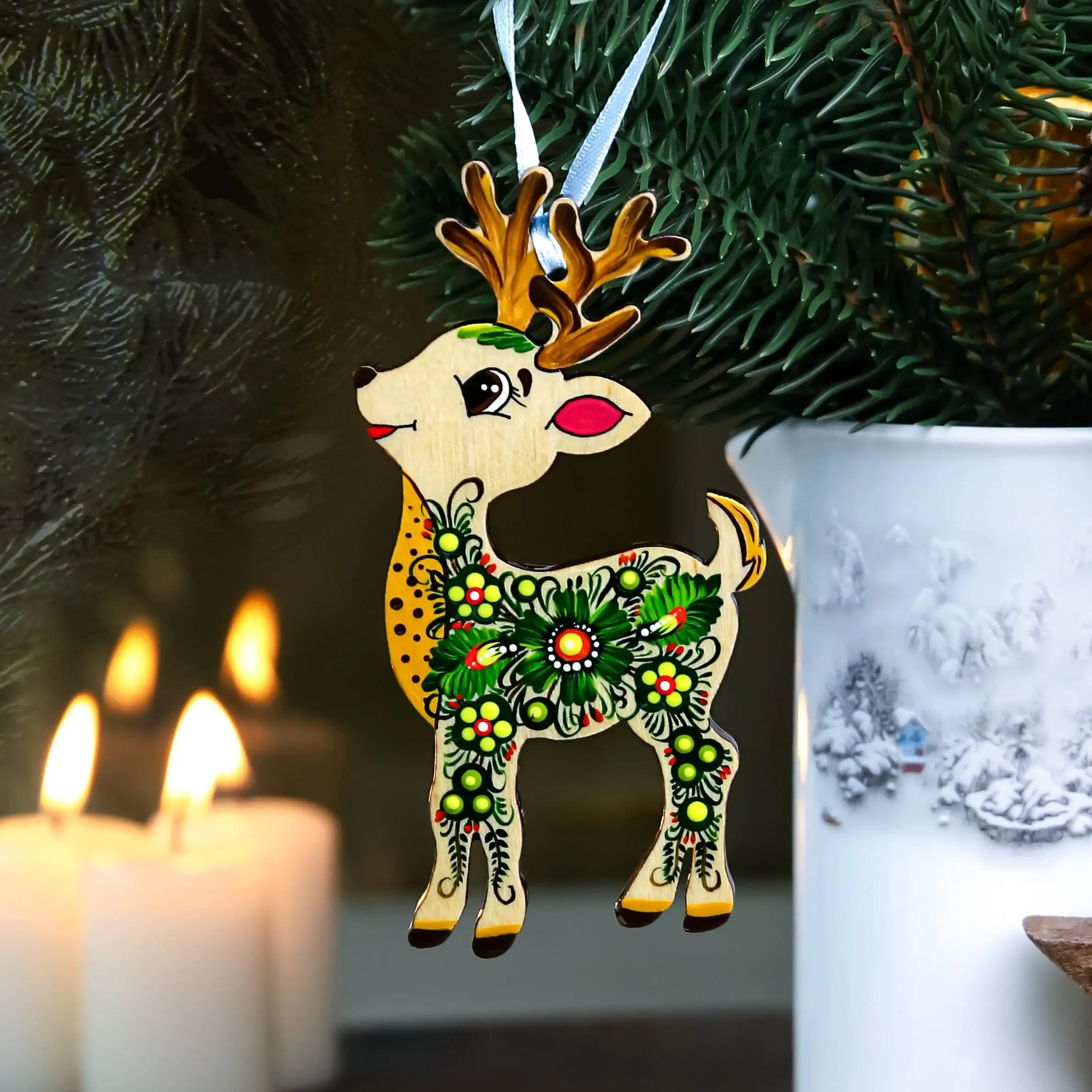 Set of 7 Hand-painted Wooden Deer Christmas Ornaments with Petrykivka Art