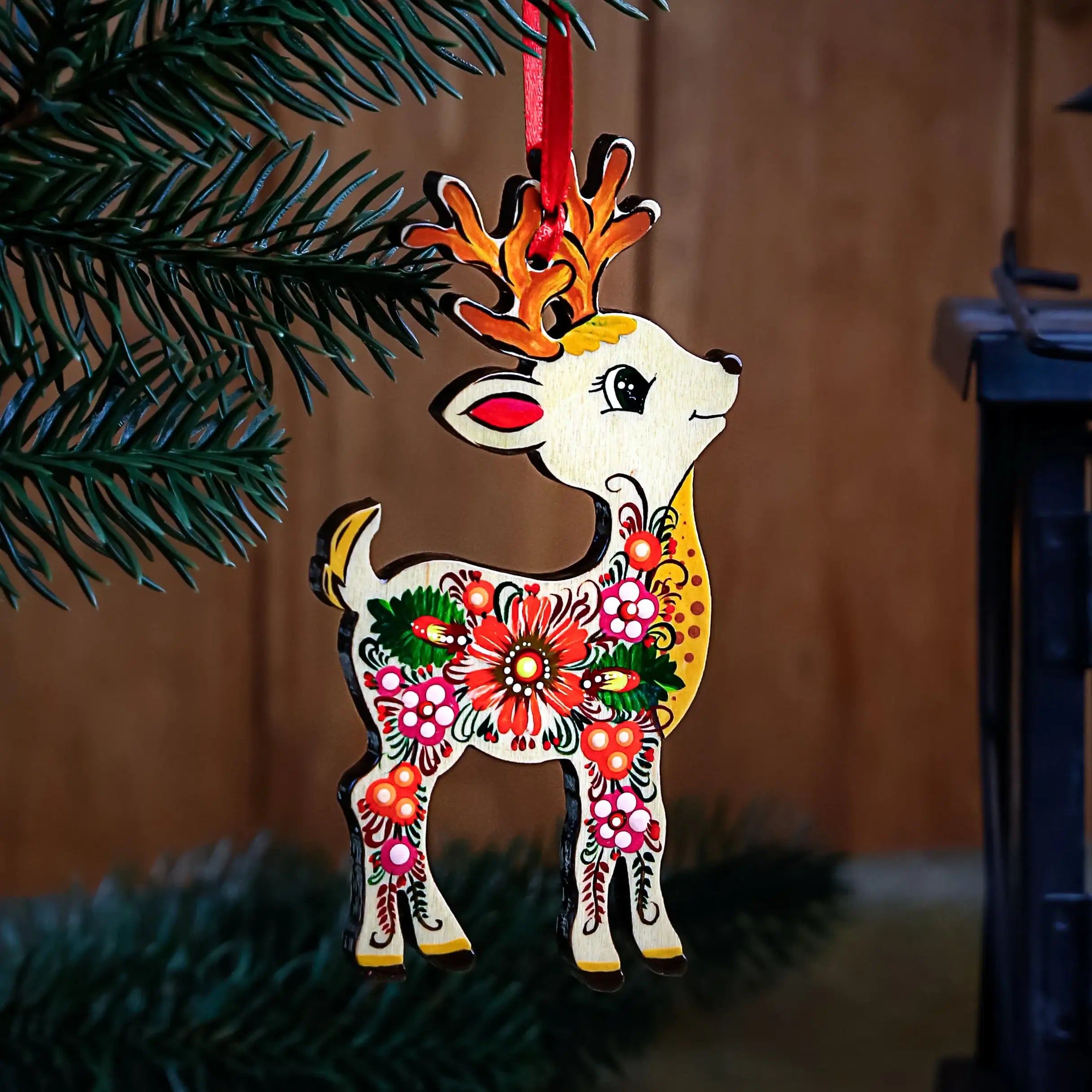 Hand-painted Wooden Deer Christmas Ornament - Personalization Available