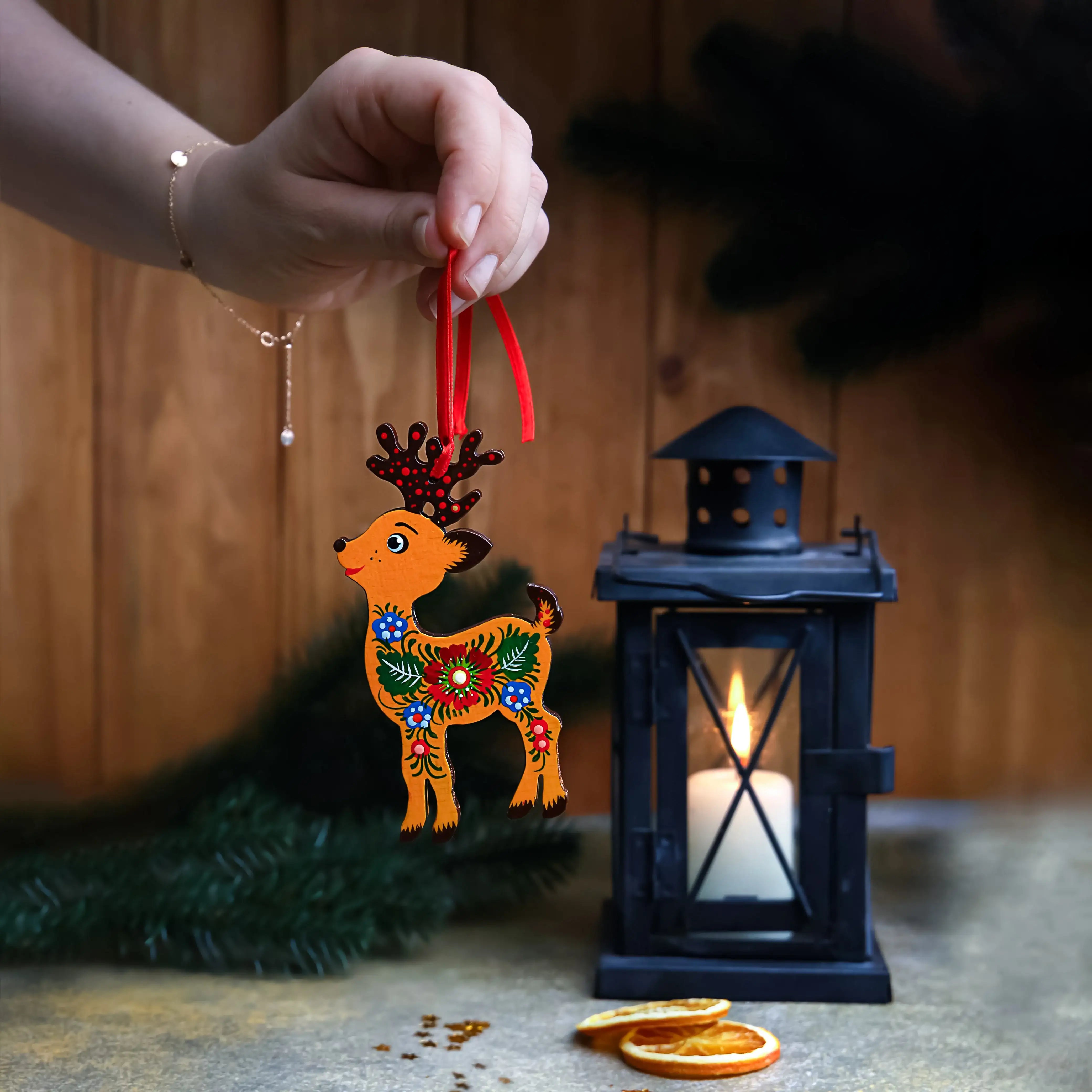 Set of 7 Hand-painted Wooden Deer Christmas Ornaments with Petrykivka Art