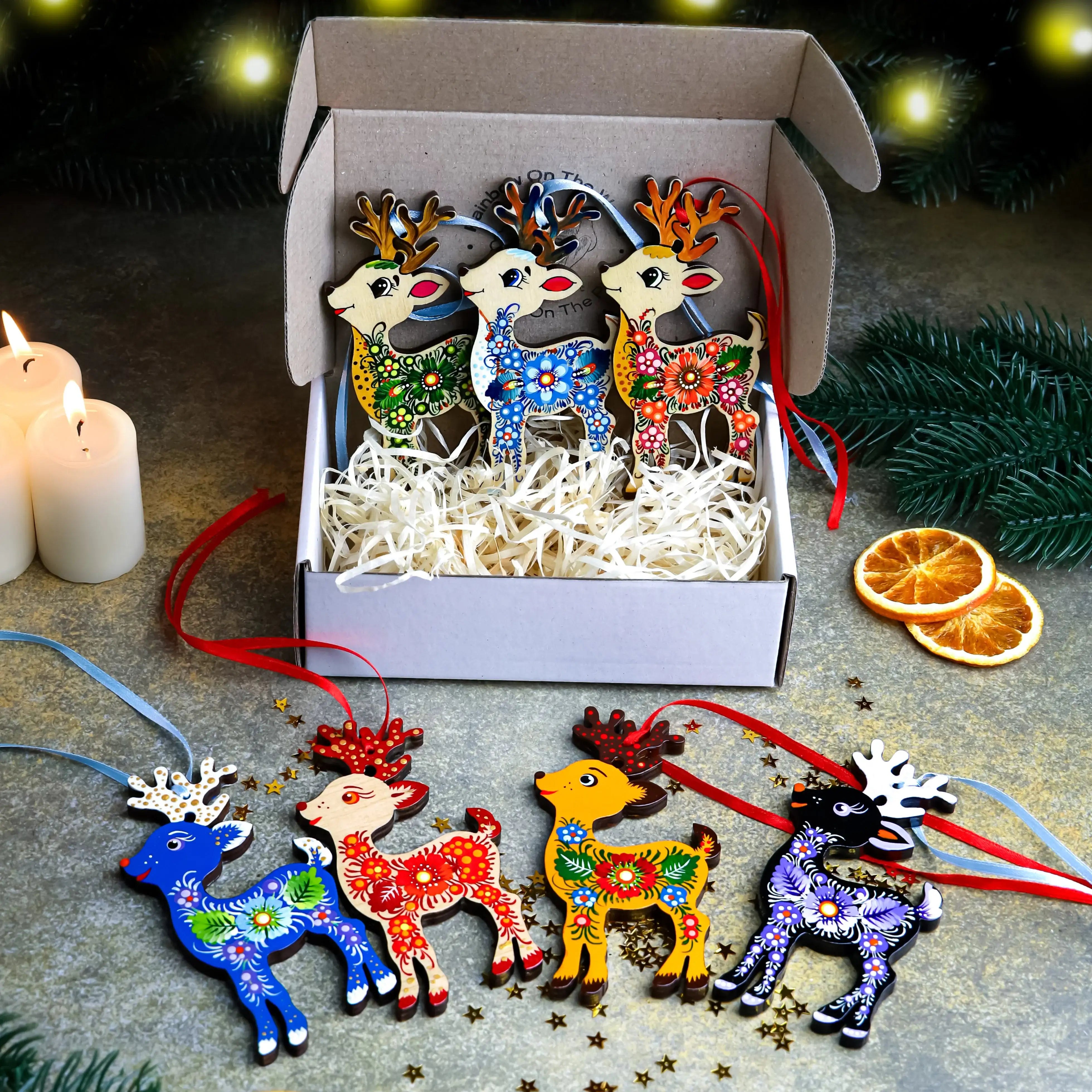 Set of 7 Hand-painted Wooden Deer Christmas Ornaments with Petrykivka Art