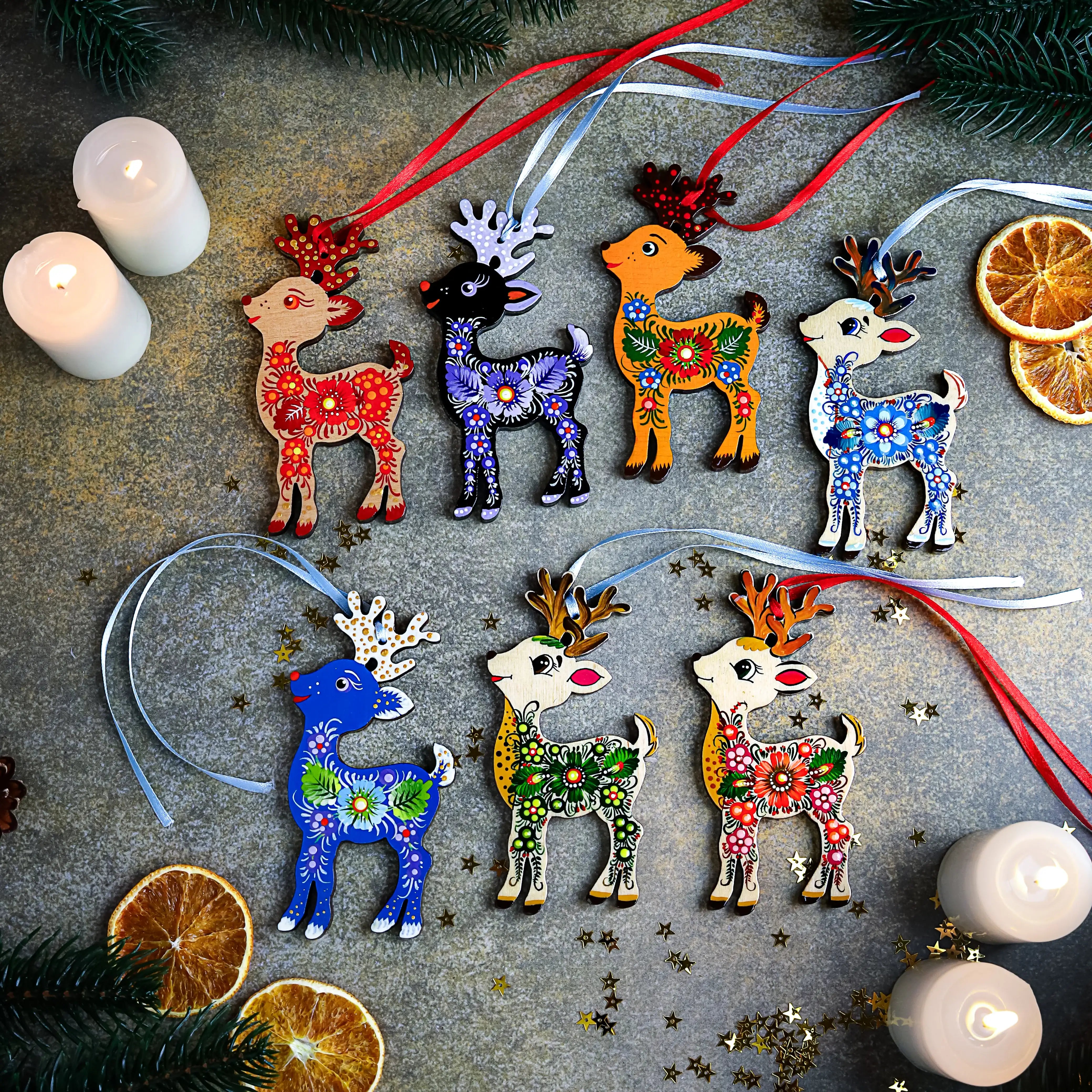 Set of 7 Hand-painted Wooden Deer Christmas Ornaments with Petrykivka Art