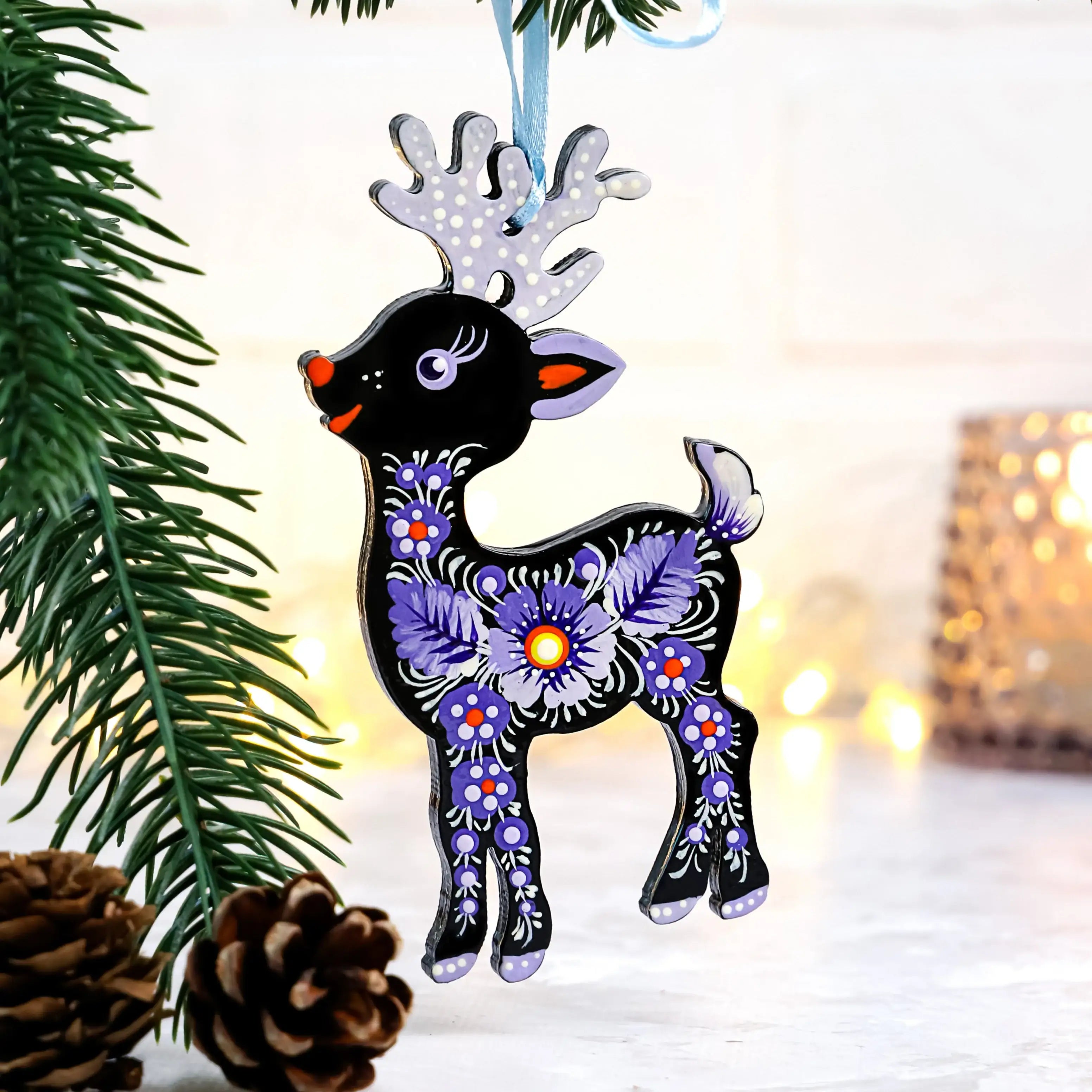 Hand-painted Wooden Deer Christmas Ornament with Petrykivka Art