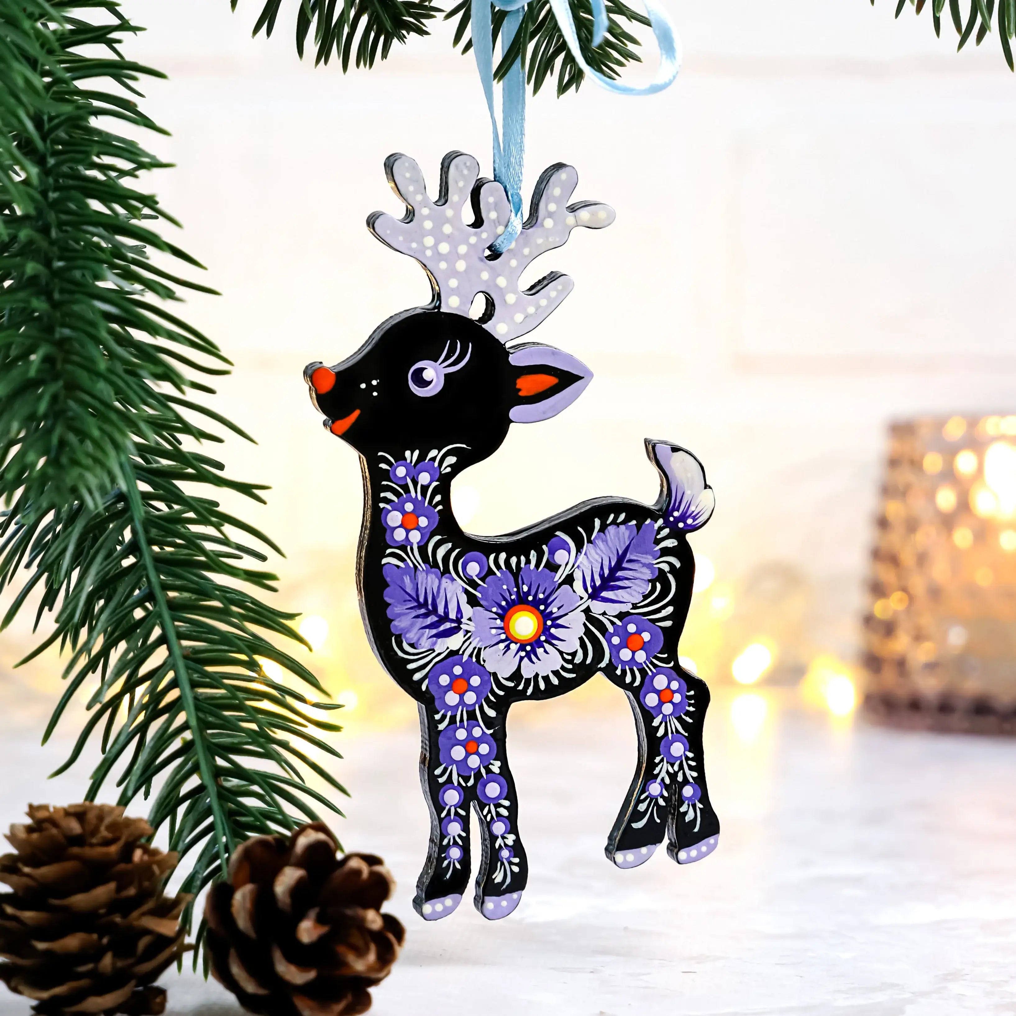 Set of 7 Hand-painted Wooden Deer Christmas Ornaments with Petrykivka Art
