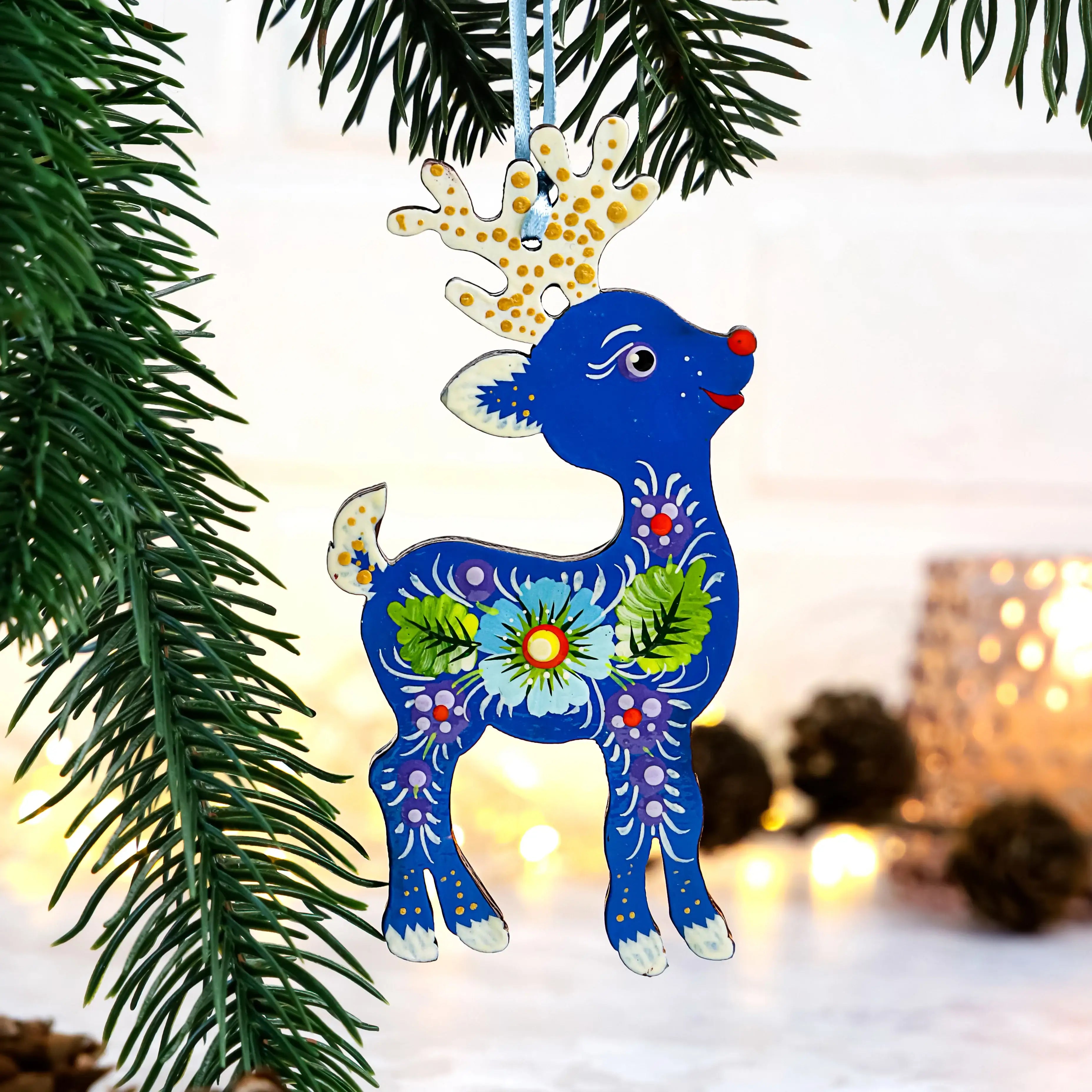 Hand-painted Wooden Deer Christmas Ornament with Petrykivka Art