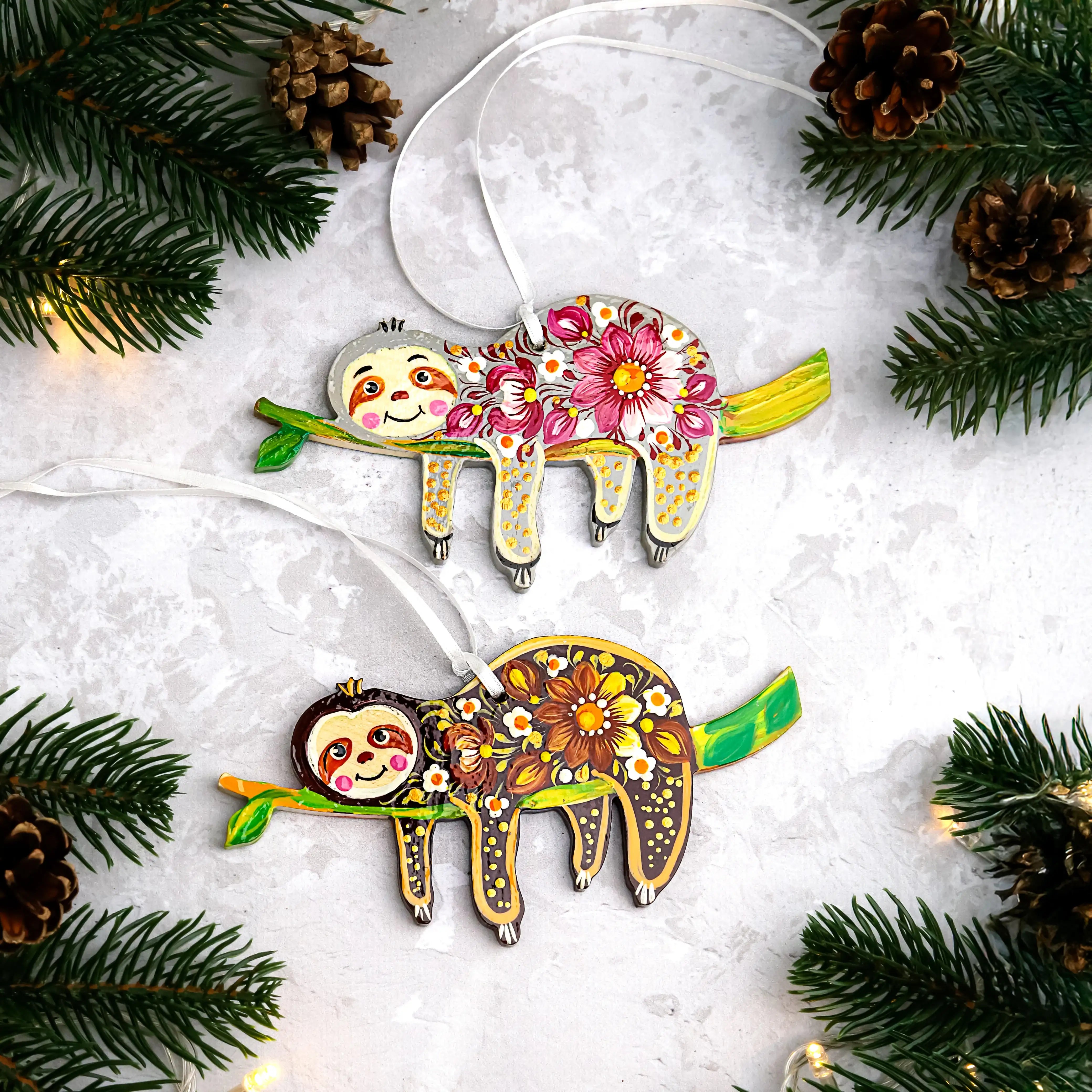 Set of 2 Hand-painted Wooden Sloth Christmas Ornaments