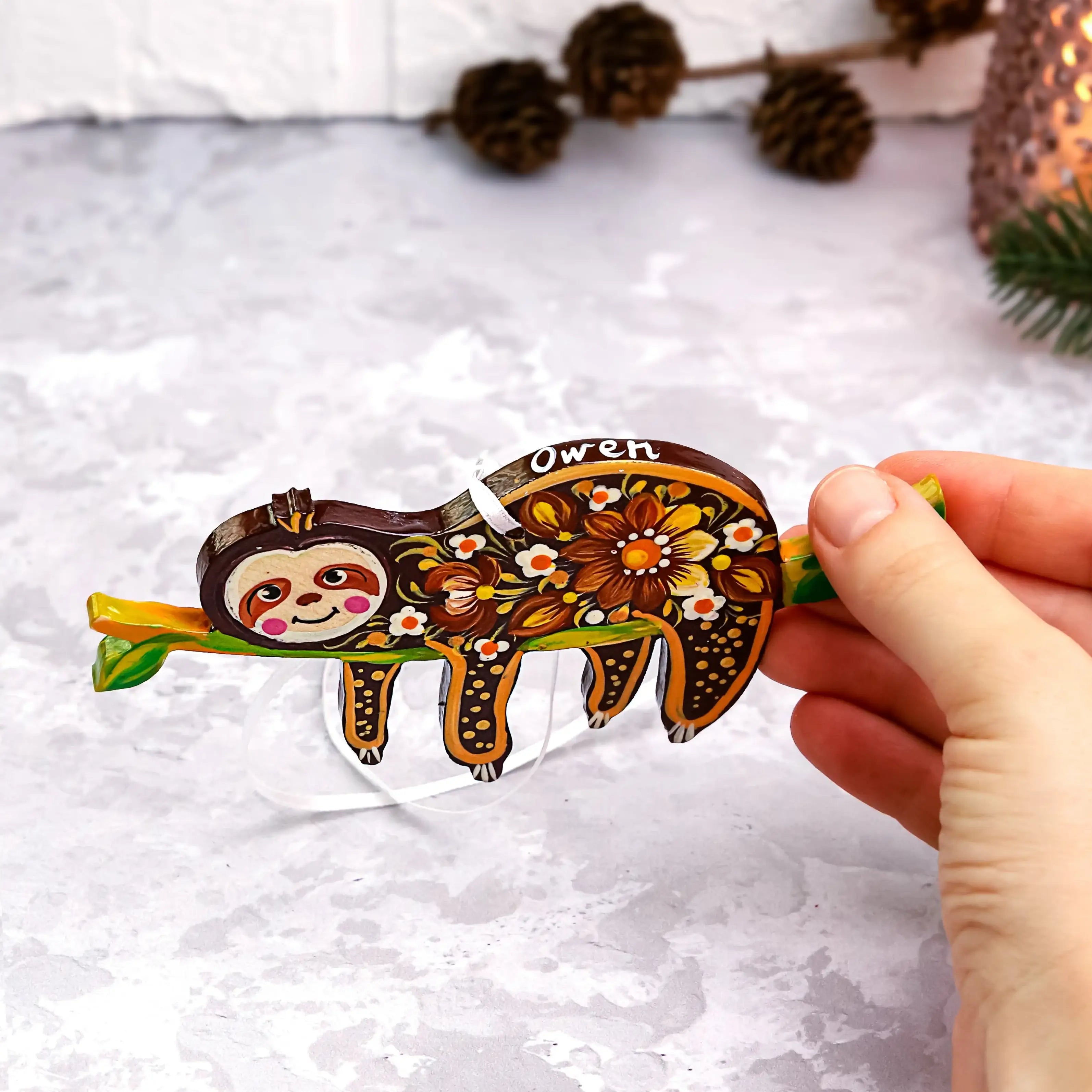 Personalied Hand-painted Wooden Sloth Christmas Ornament