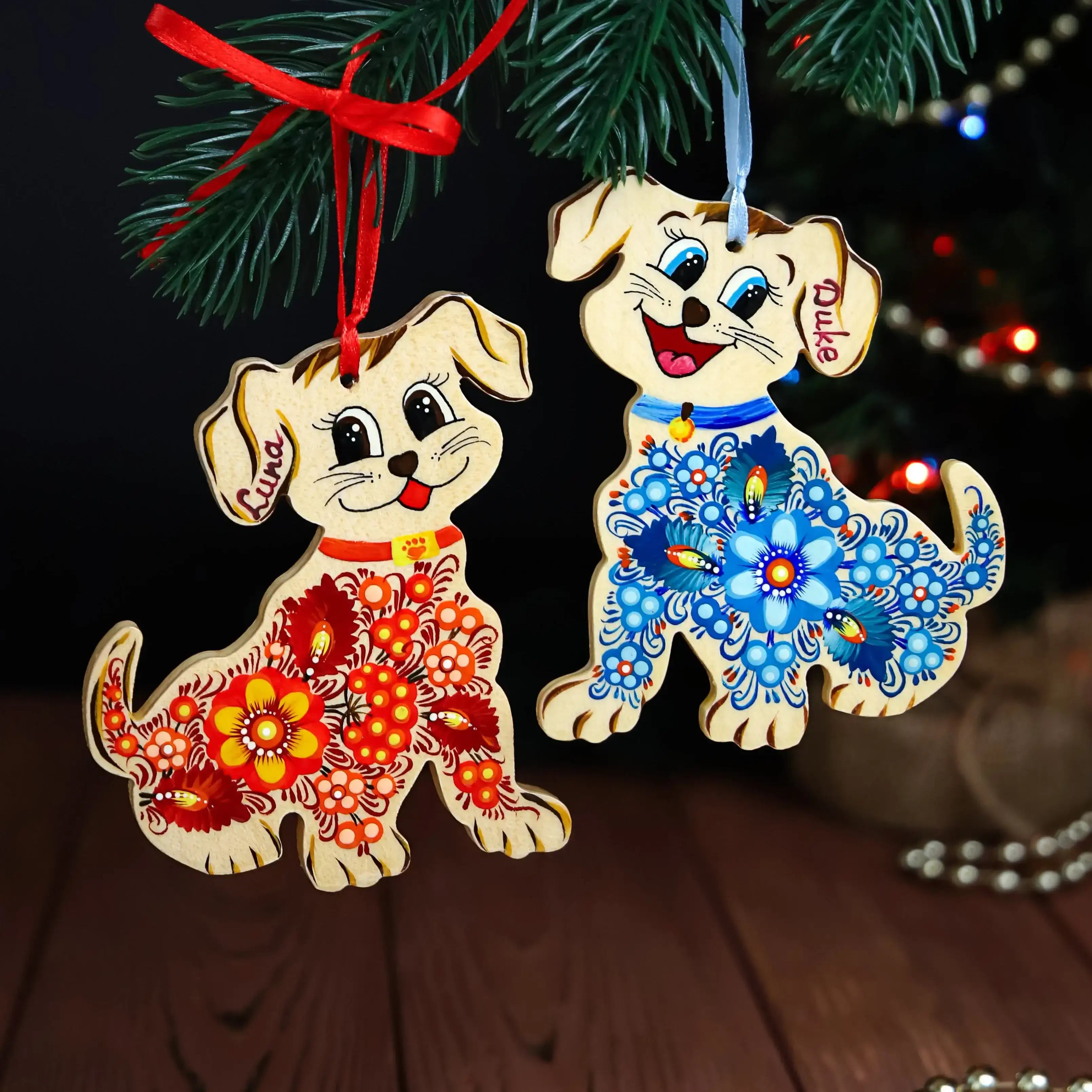 Set of 2 Personalized Painted Wooden Dog Christmas Ornaments