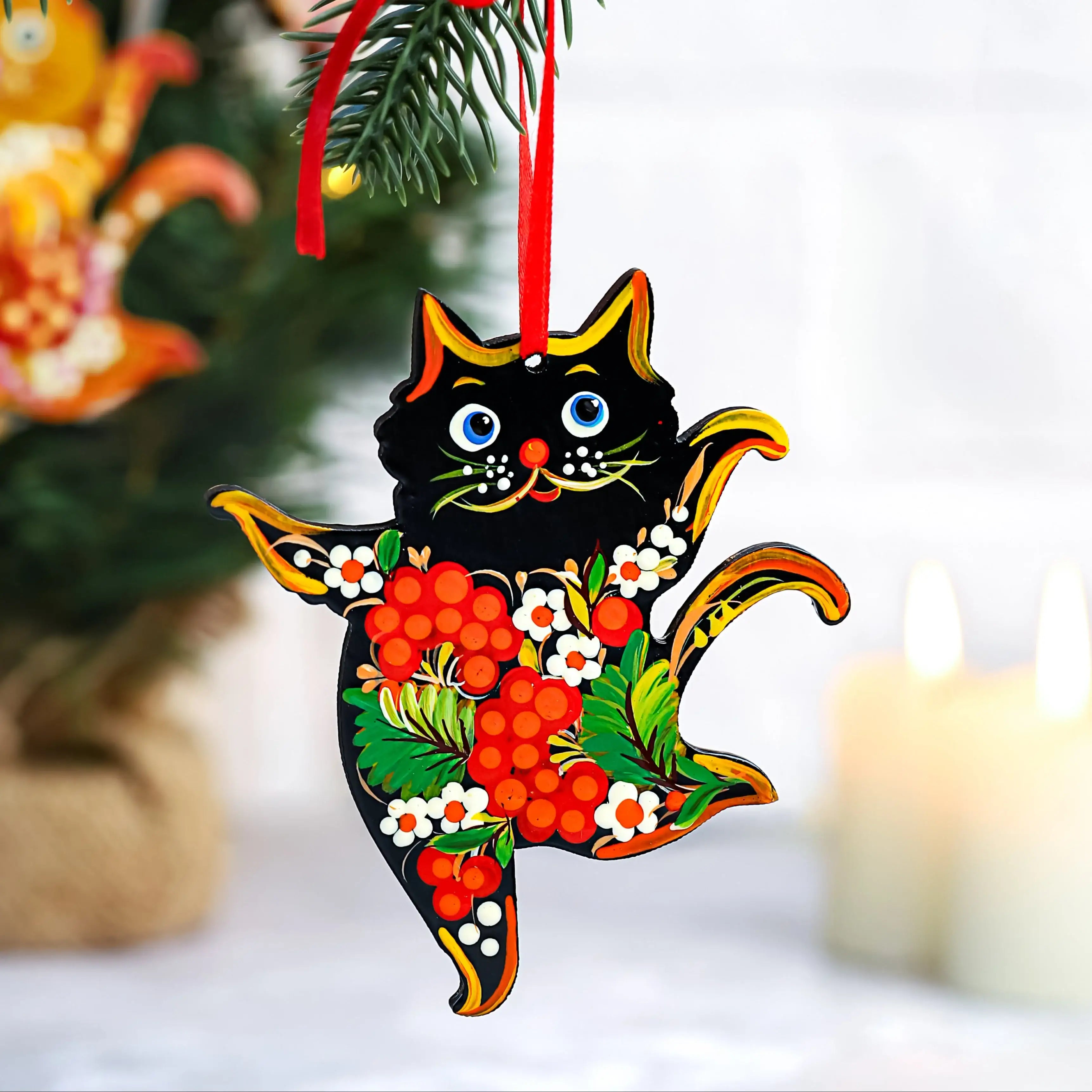 Hand-painted Wooden Dancing Cat Christmas Ornament with Petrykivka Art