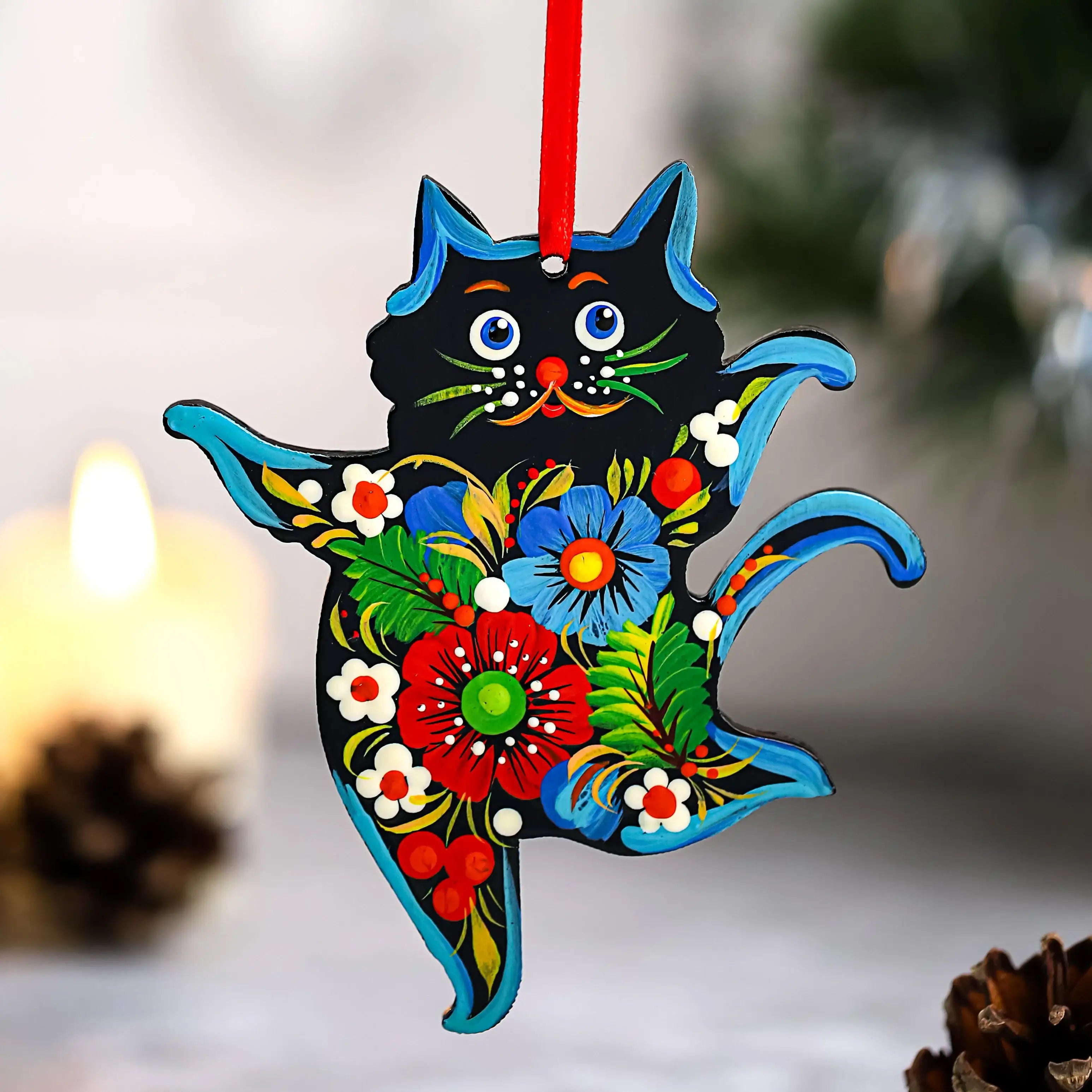 Hand-painted Wooden Dancing Cat Christmas Ornament with Petrykivka Art
