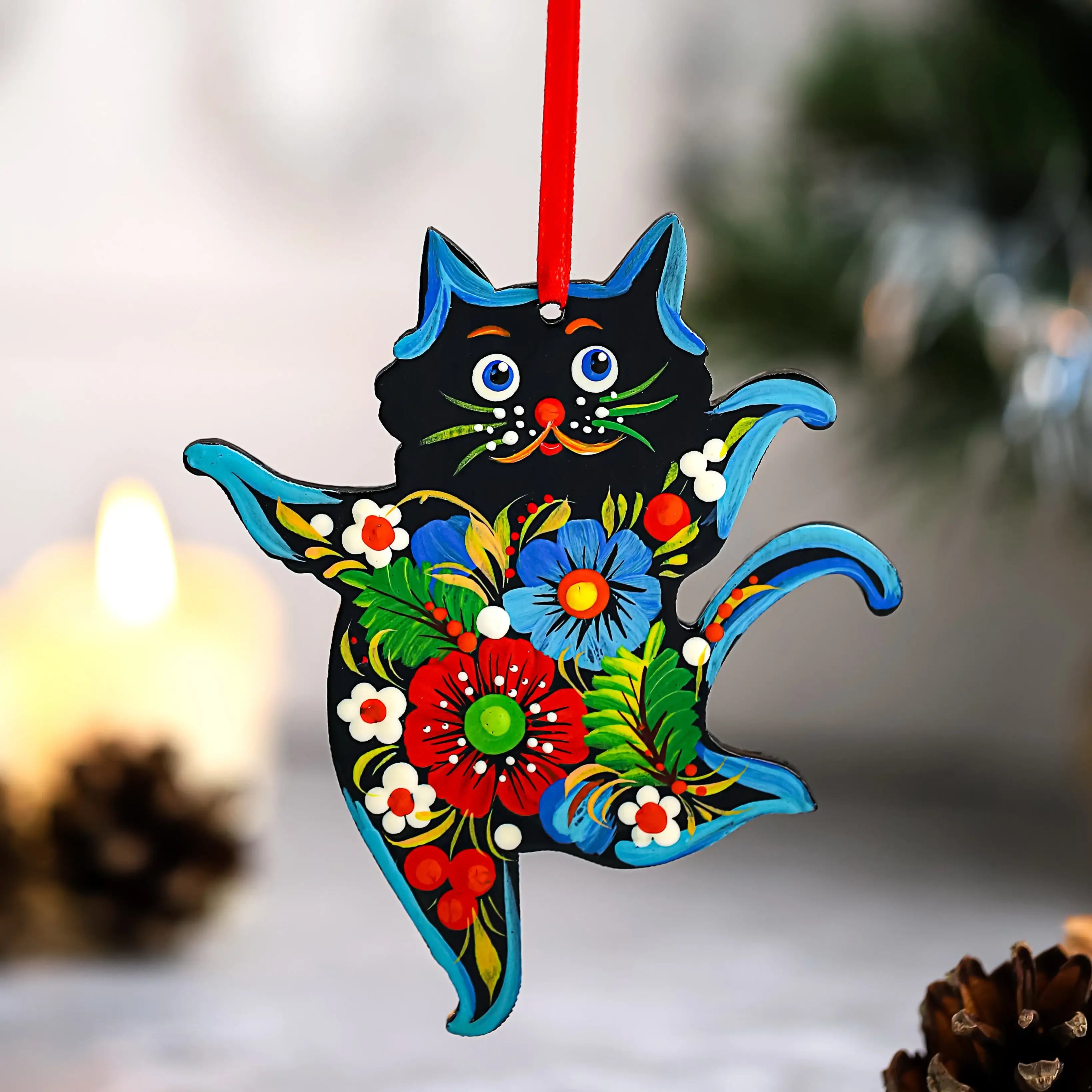 Hand-painted Set of 6 Wooden Dancing Cat Christmas Ornaments with Petrykivka Art