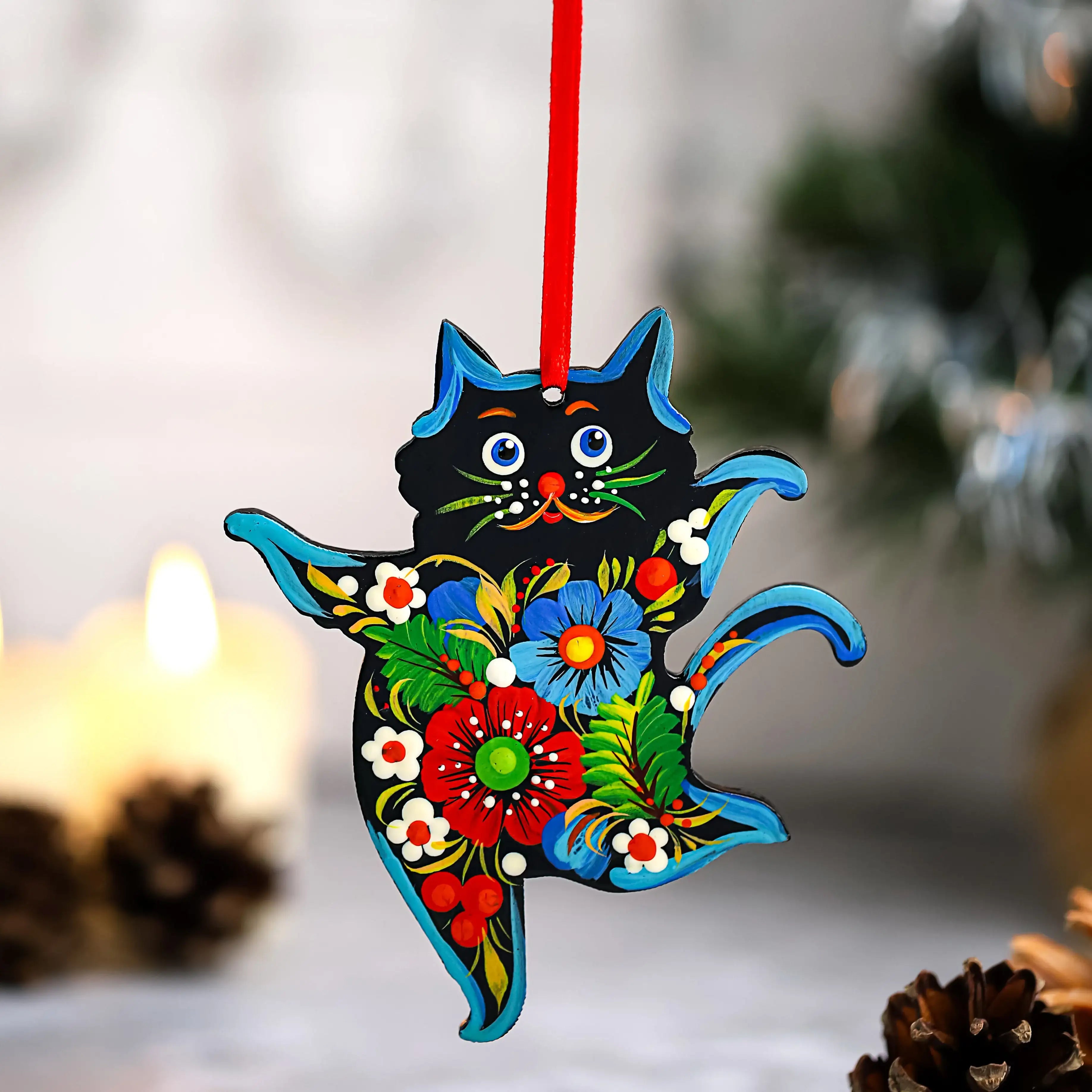 Hand-painted Wooden Dancing Cat Christmas Ornament with Petrykivka Art