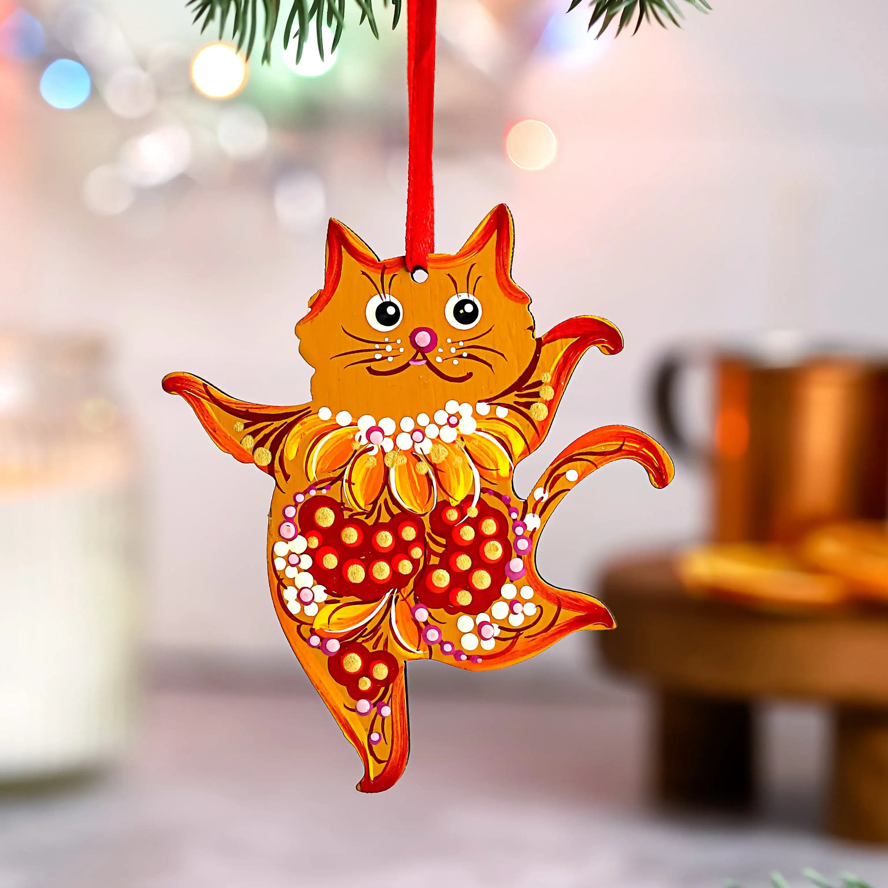 Hand-painted Wooden Dancing Cat Christmas Ornament with Petrykivka Art