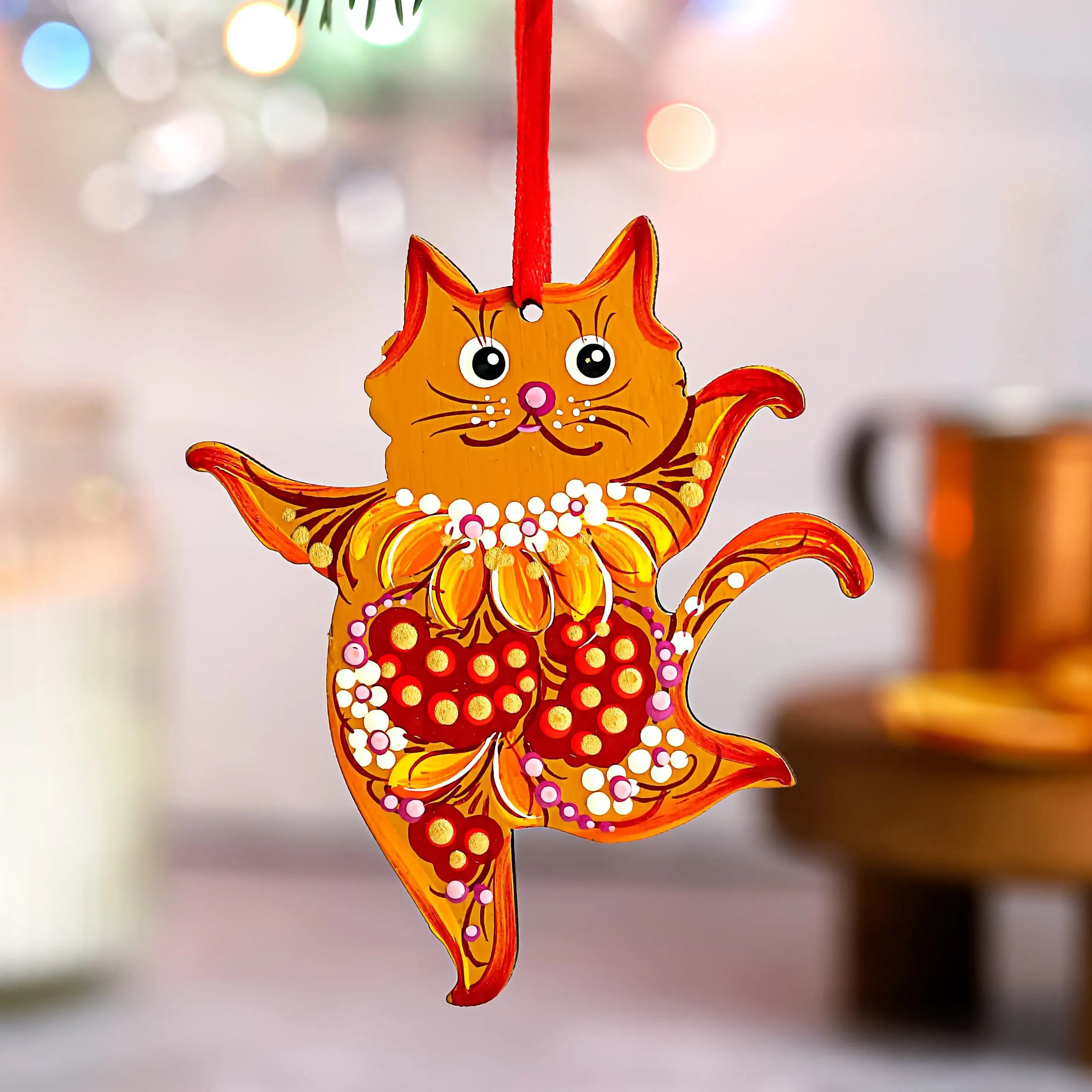 Hand-painted Set of 6 Wooden Dancing Cat Christmas Ornaments with Petrykivka Art