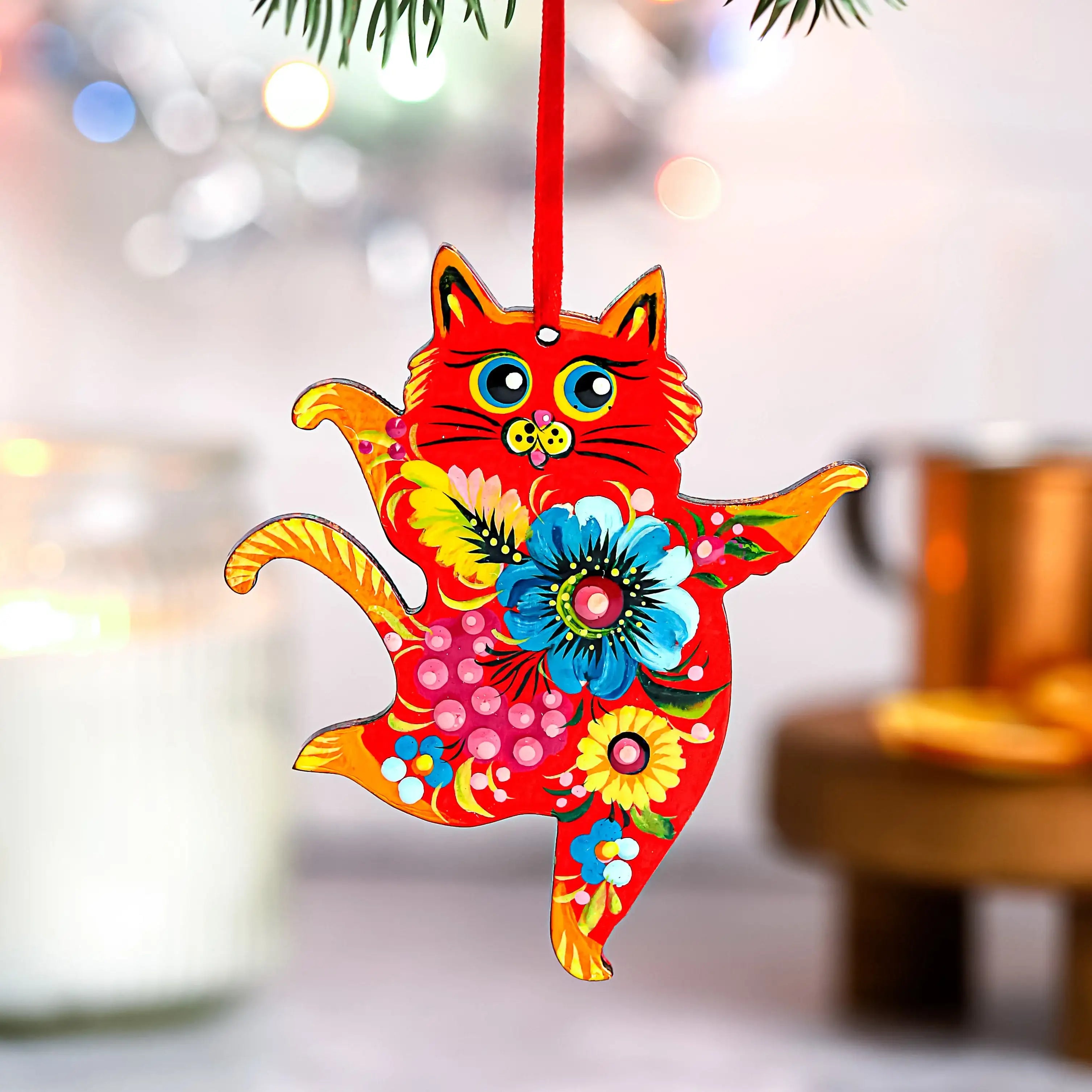 Hand-painted Wooden Dancing Cat Christmas Ornament with Petrykivka Art