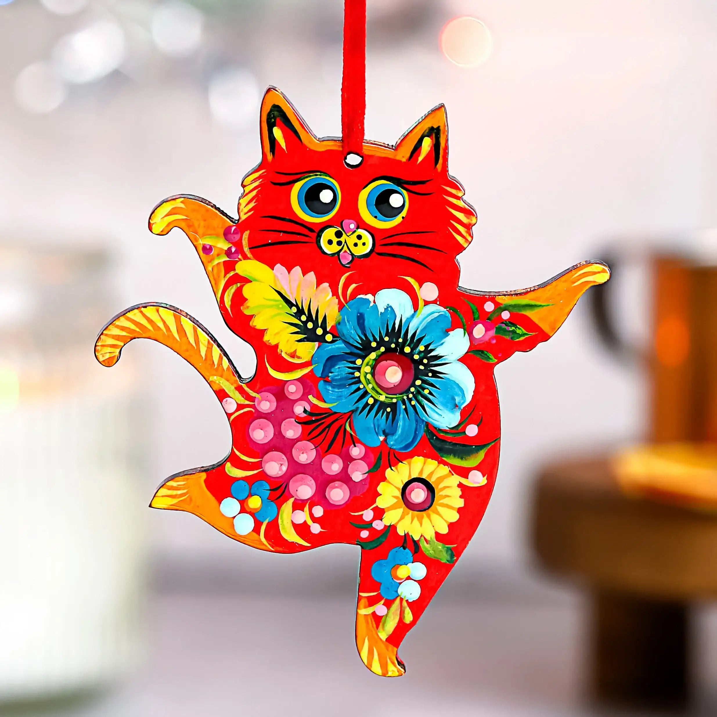 Hand-painted Wooden Dancing Cat Christmas Ornament with Petrykivka Art