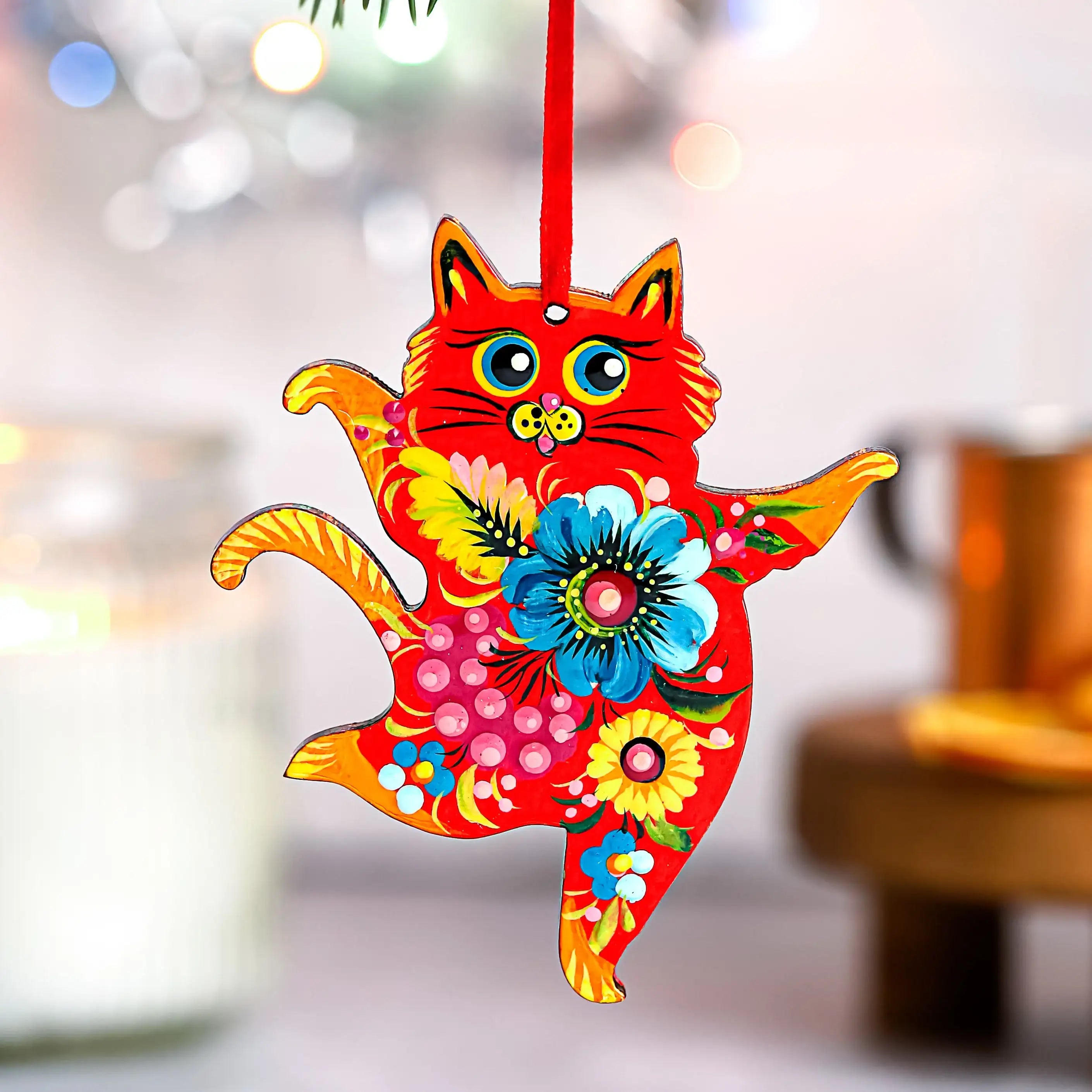Hand-painted Set of 6 Wooden Dancing Cat Christmas Ornaments with Petrykivka Art