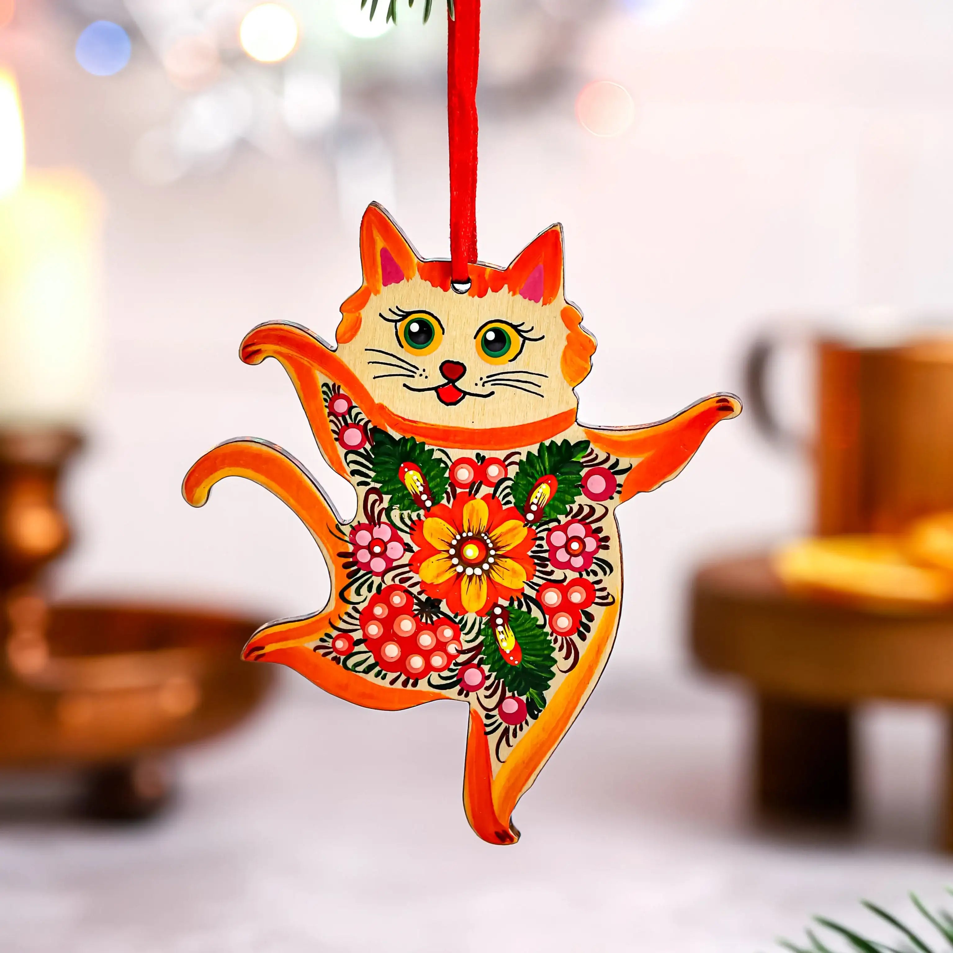 Hand-painted Wooden Dancing Cat Christmas Ornament with Petrykivka Art