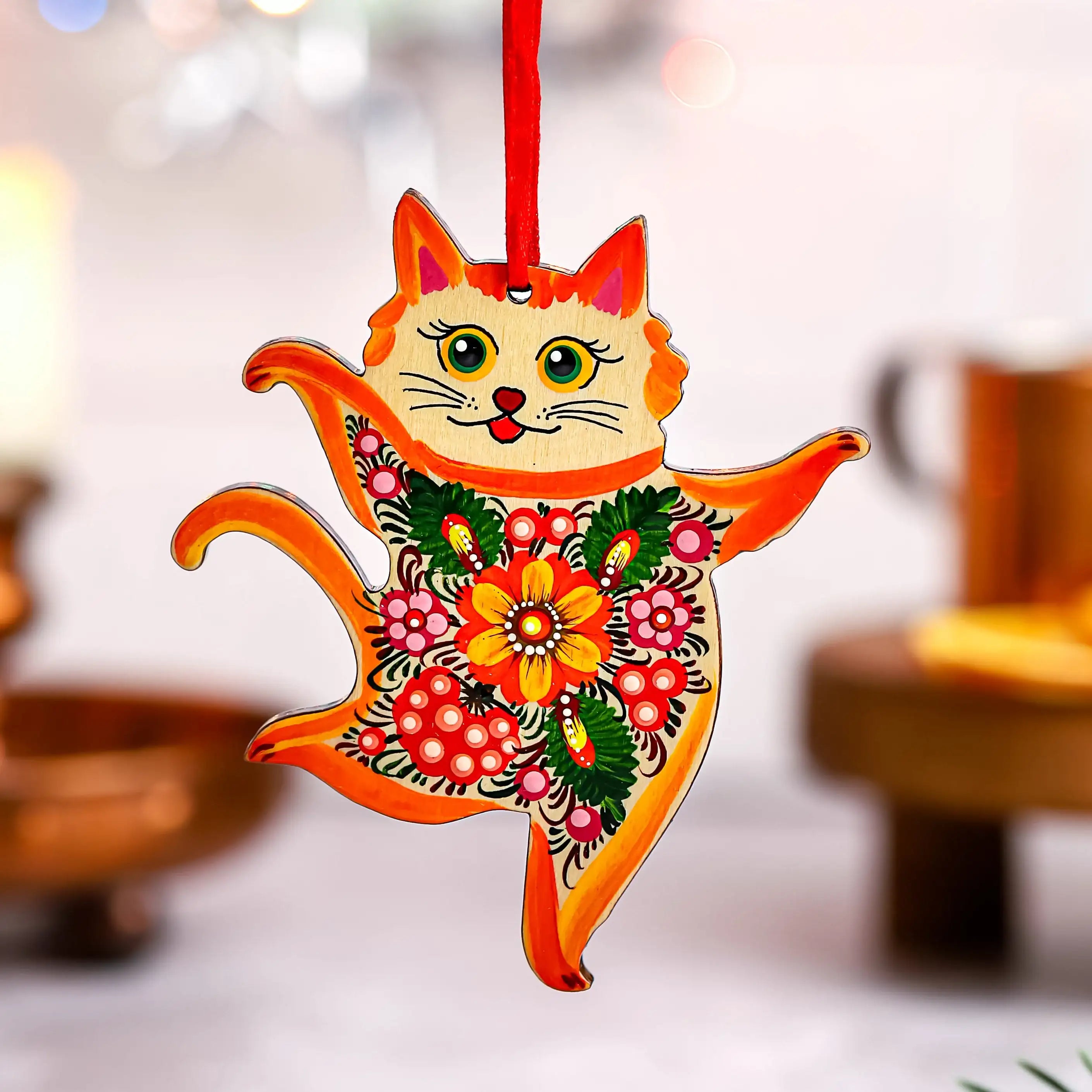 Hand-painted Set of 6 Wooden Dancing Cat Christmas Ornaments with Petrykivka Art