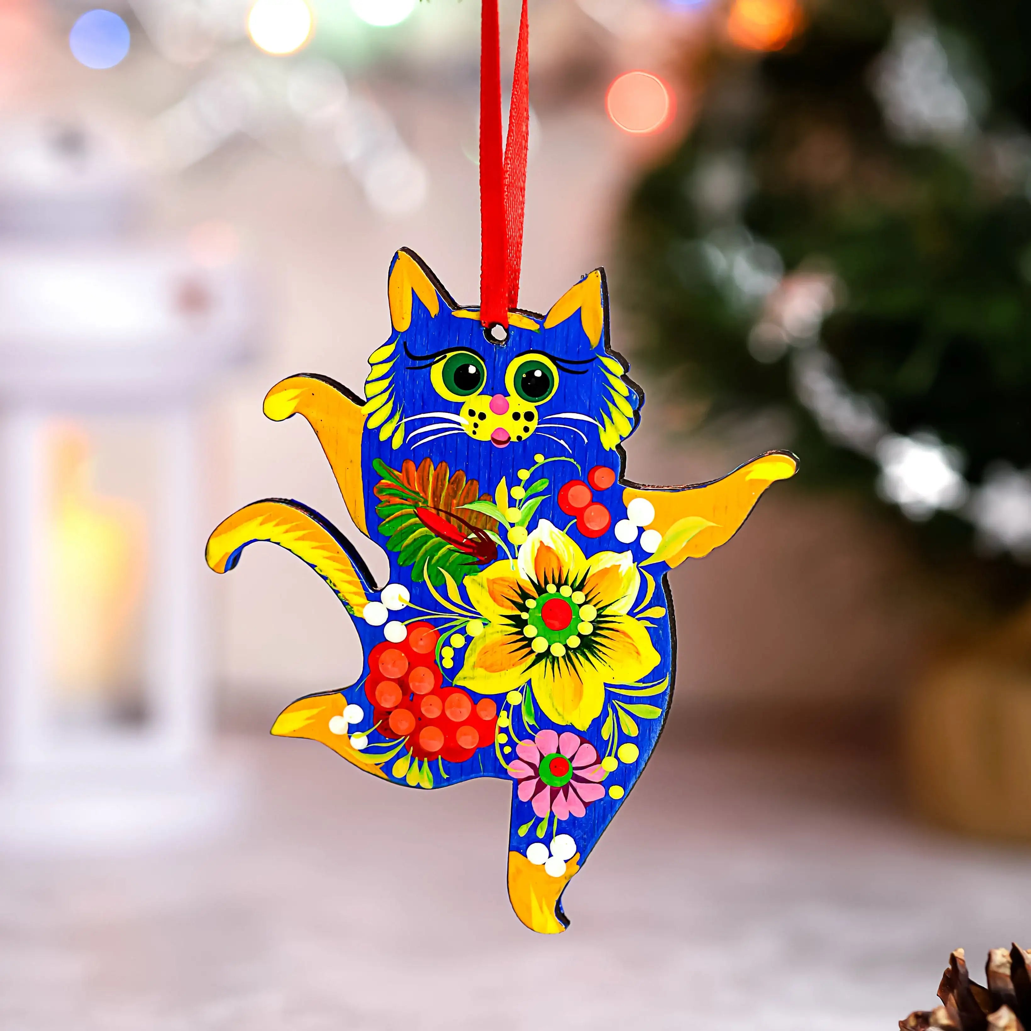Hand-painted Wooden Dancing Cat Christmas Ornament with Petrykivka Art
