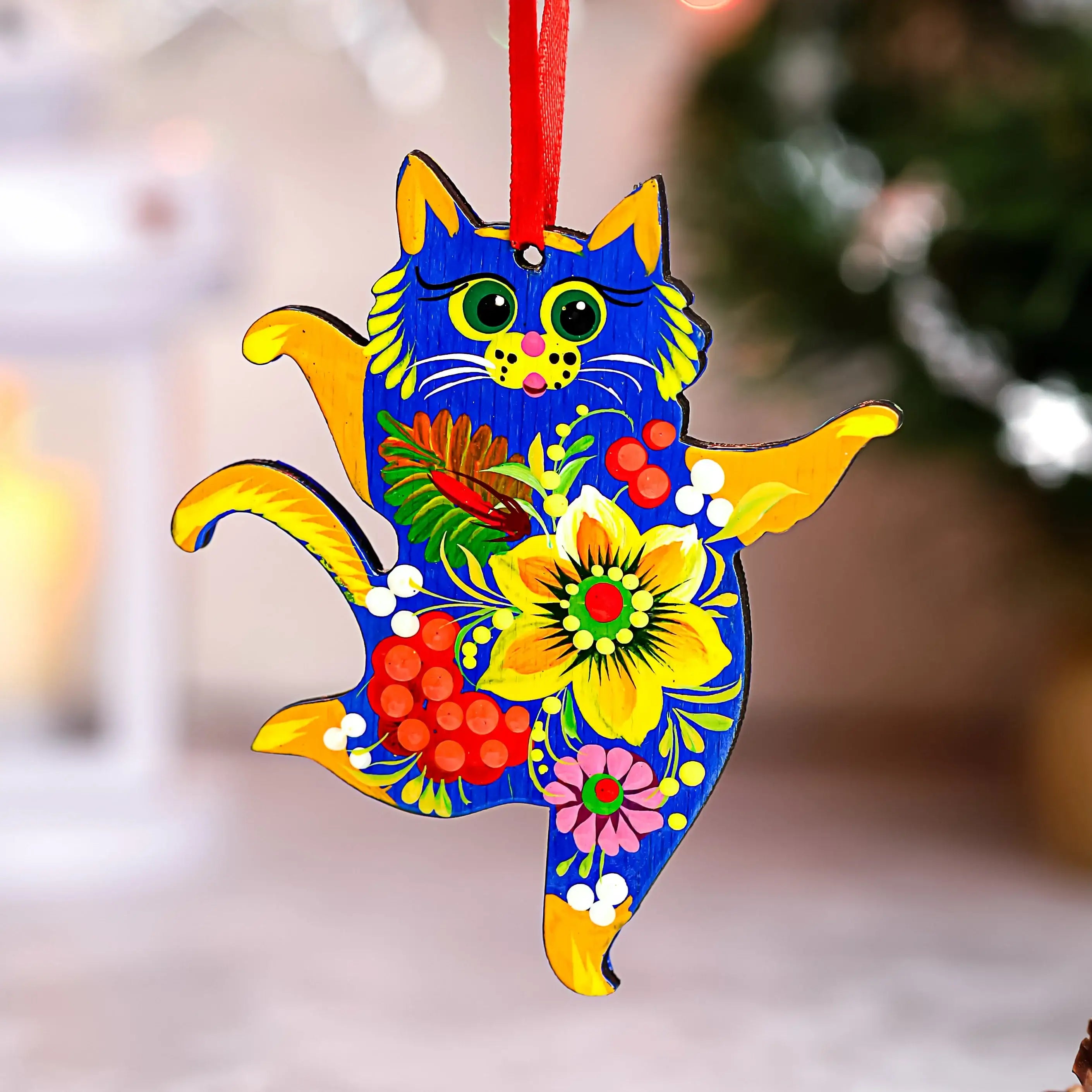 Hand-painted Set of 6 Wooden Dancing Cat Christmas Ornaments with Petrykivka Art