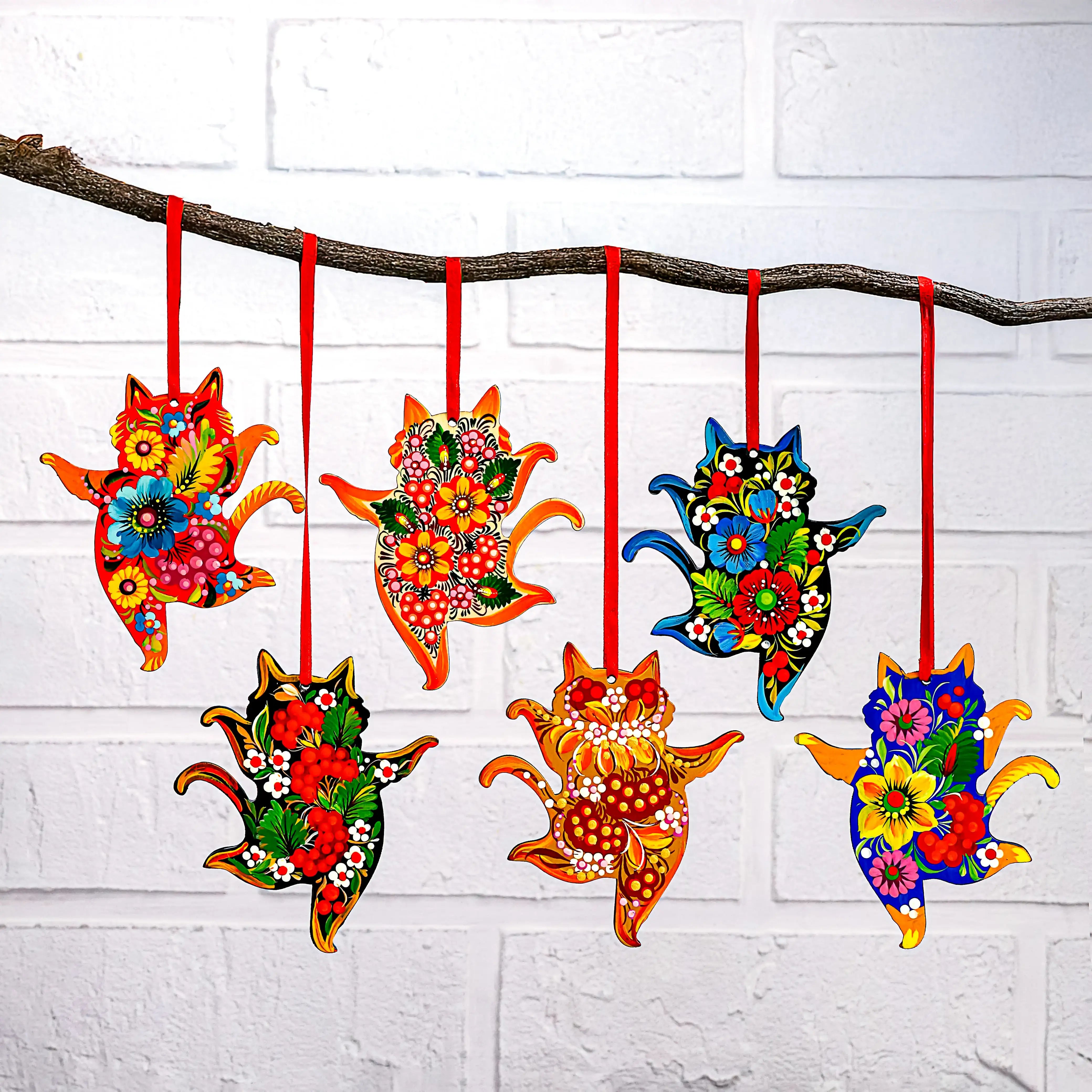 Hand-painted Set of 6 Wooden Dancing Cat Christmas Ornaments with Petrykivka Art