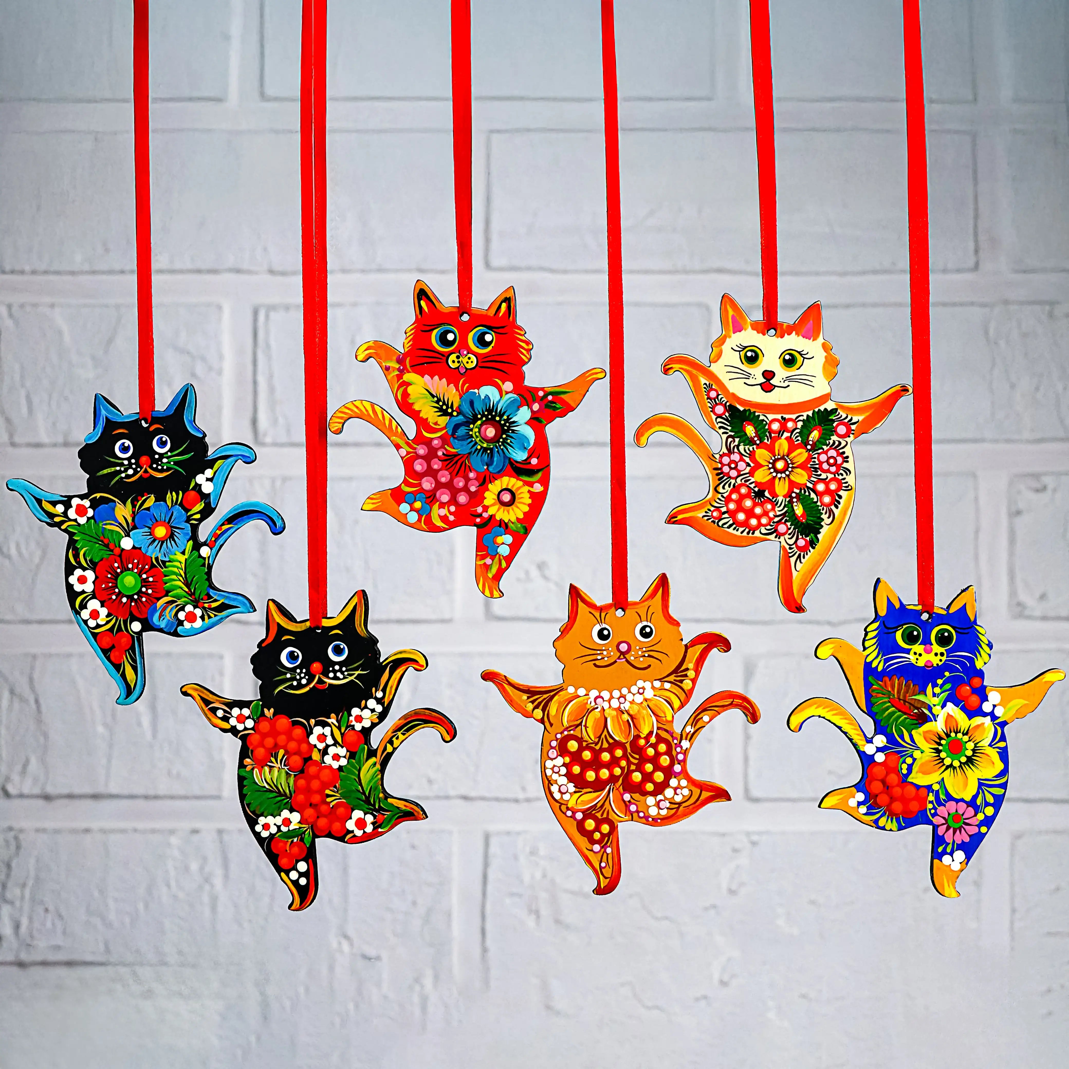 Hand-painted Set of 6 Wooden Dancing Cat Christmas Ornaments with Petrykivka Art