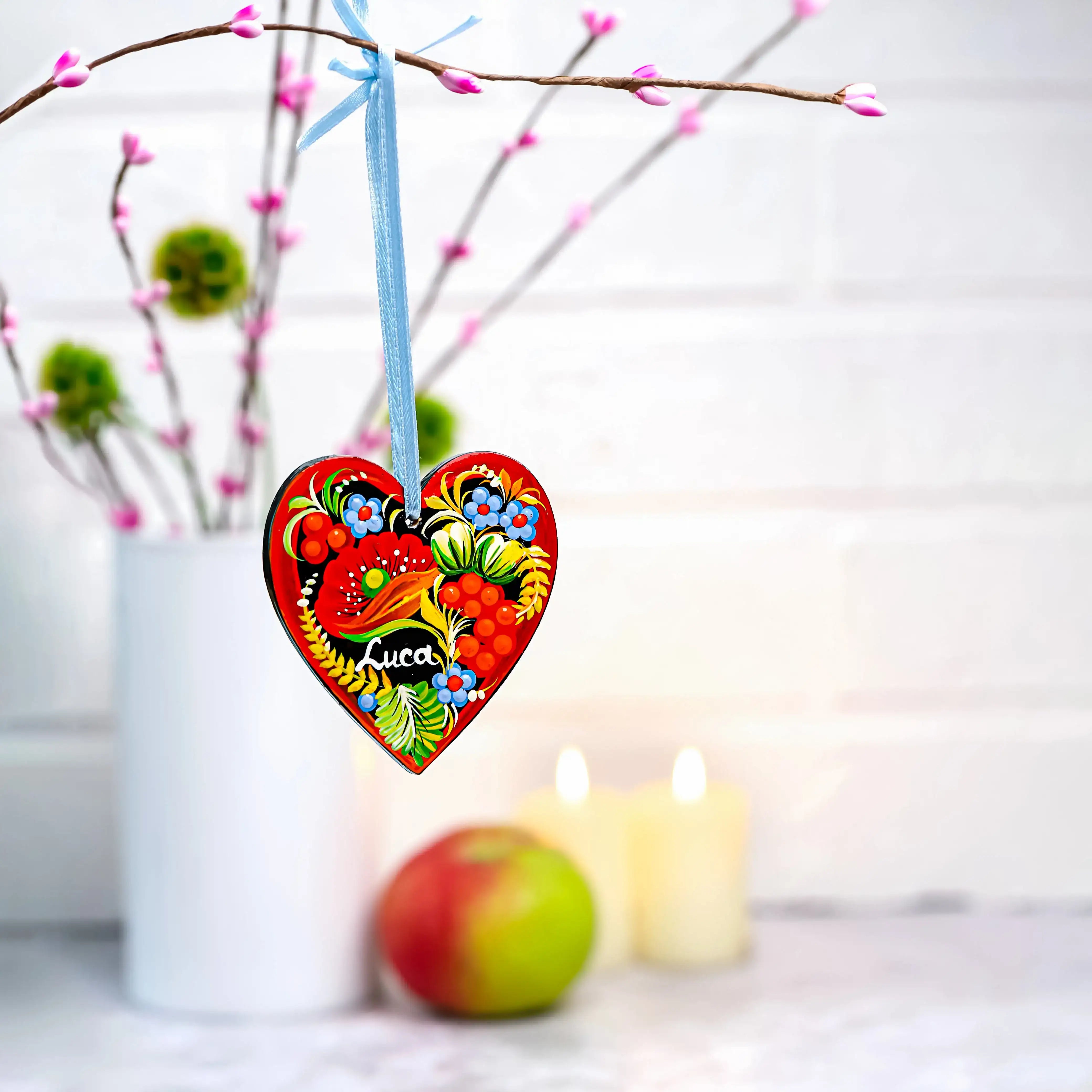 Set of 2 Personalized Painted Wooden Heart Christmas Ornament