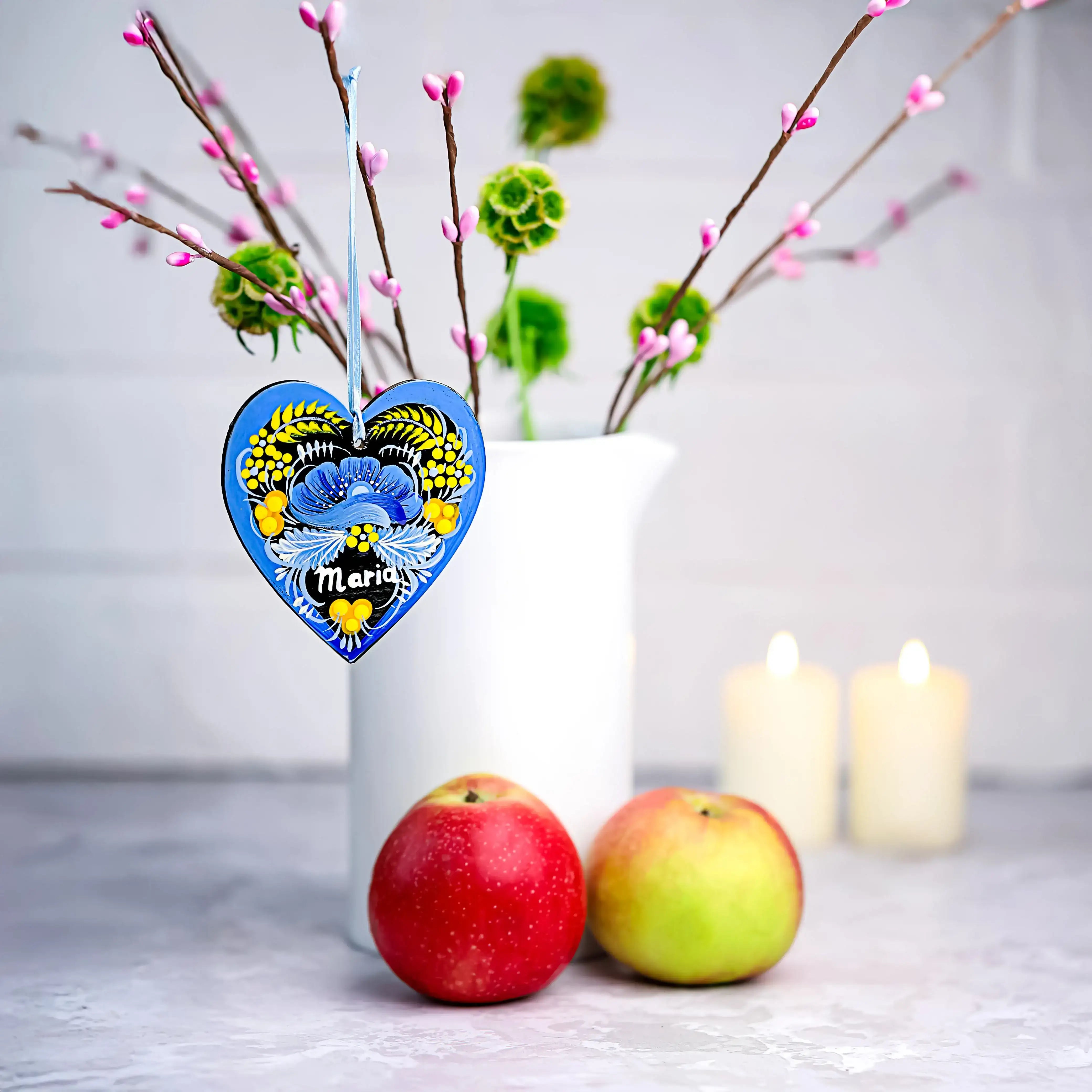 Set of 2 Personalized Painted Wooden Heart Christmas Ornament