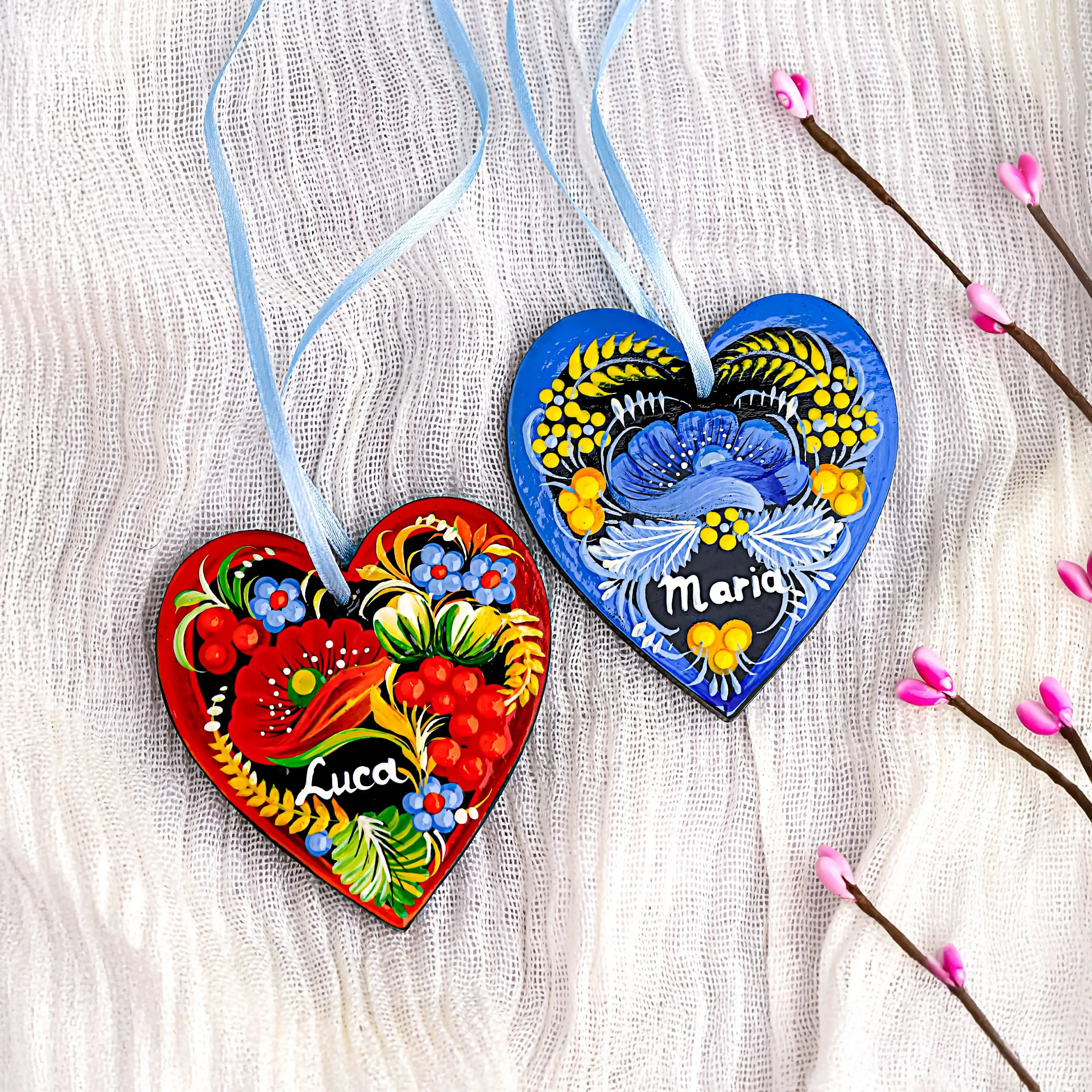 Set of 2 Personalized Painted Wooden Heart Christmas Ornament