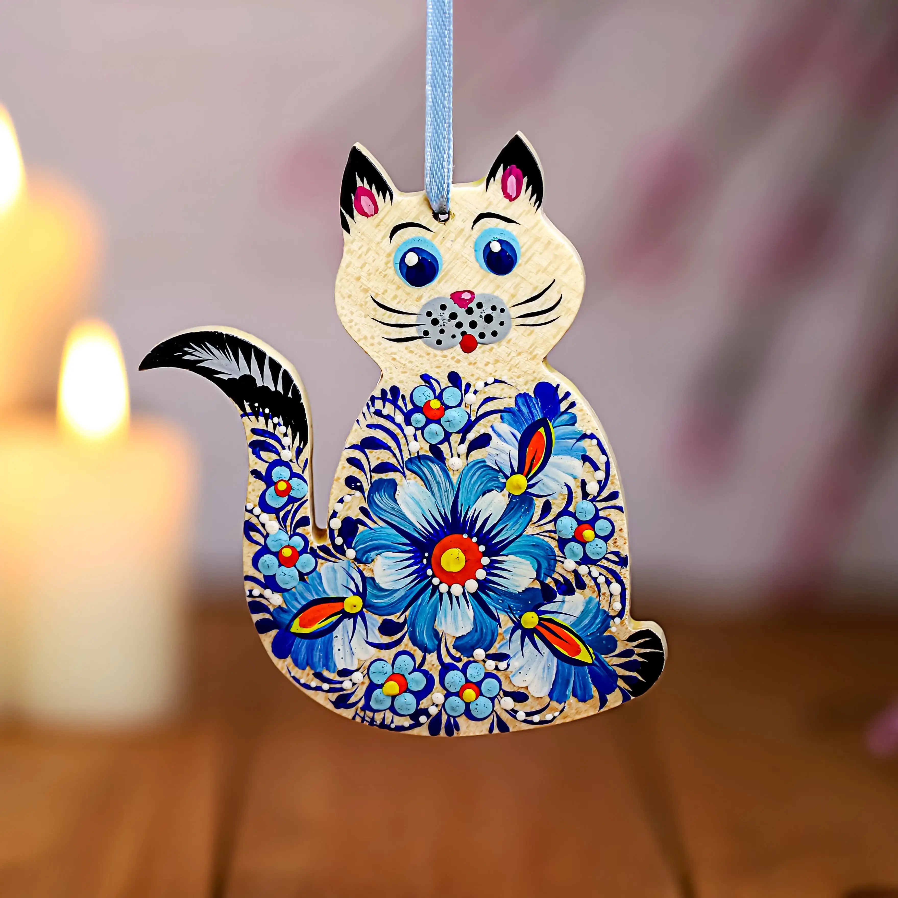 Hand-painted Wooden Cat Christmas Ornament with Petrykivka Art