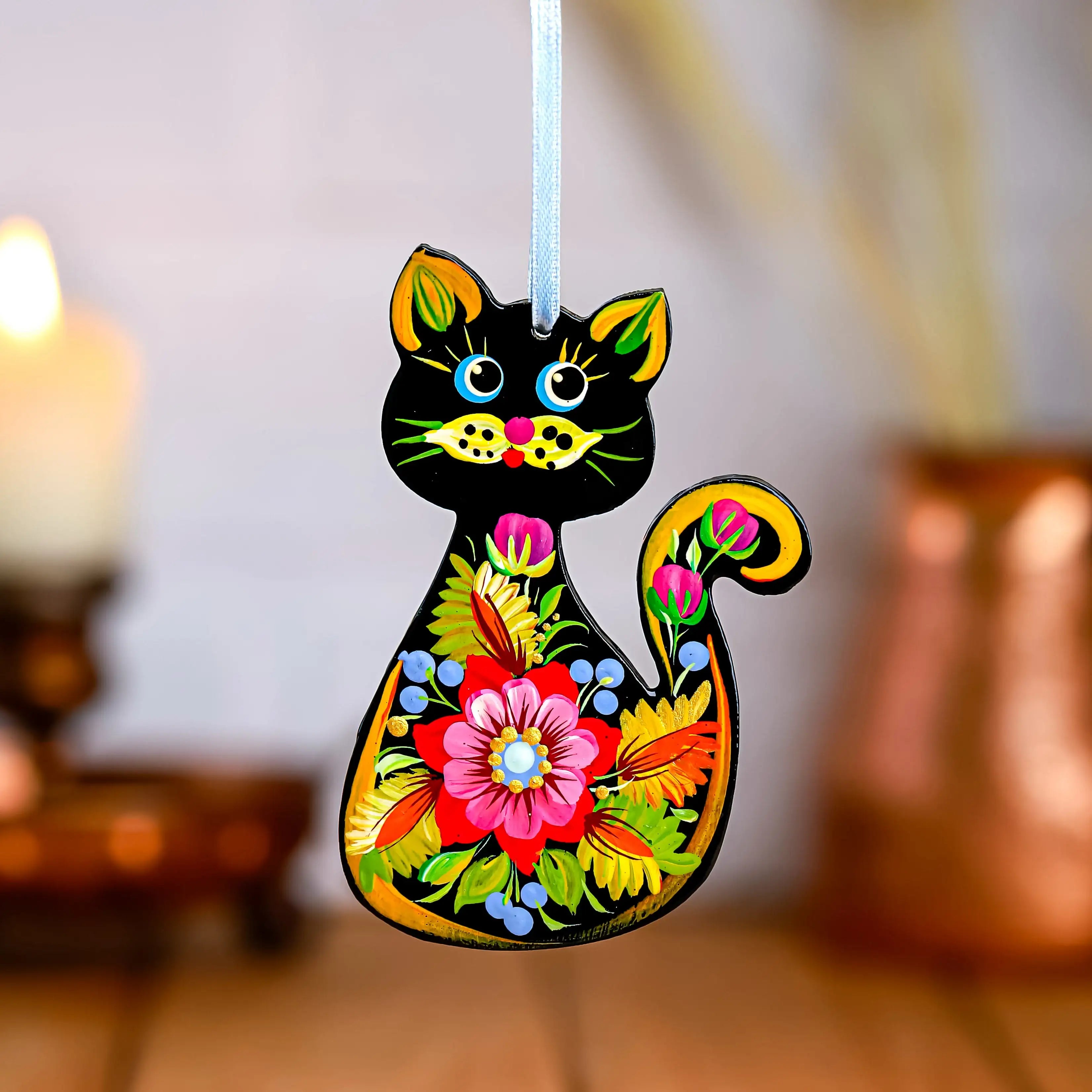 Hand-painted Wooden Cat Christmas Ornament with Petrykivka Art
