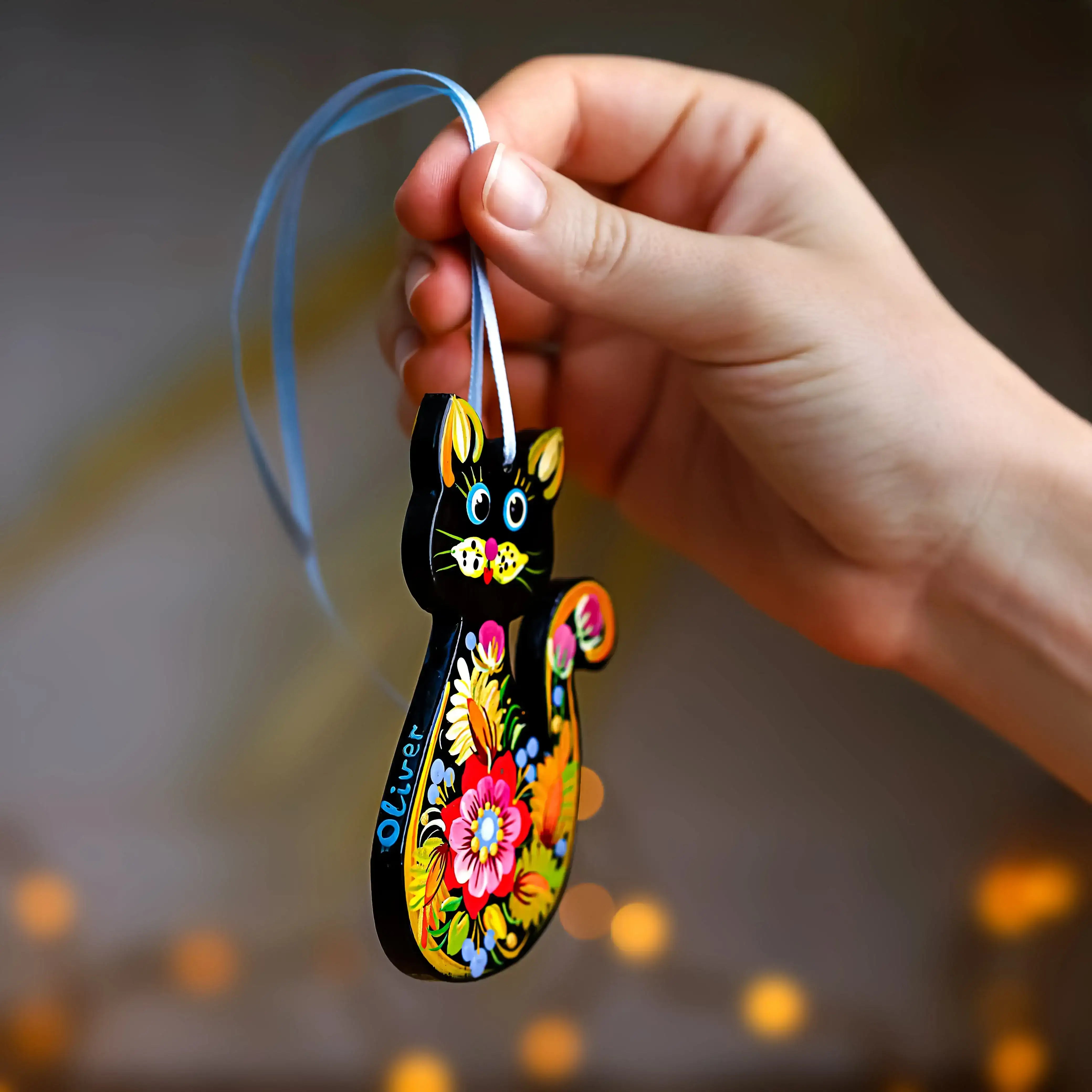 Hand-painted Wooden Cat Christmas Ornament with Petrykivka Art
